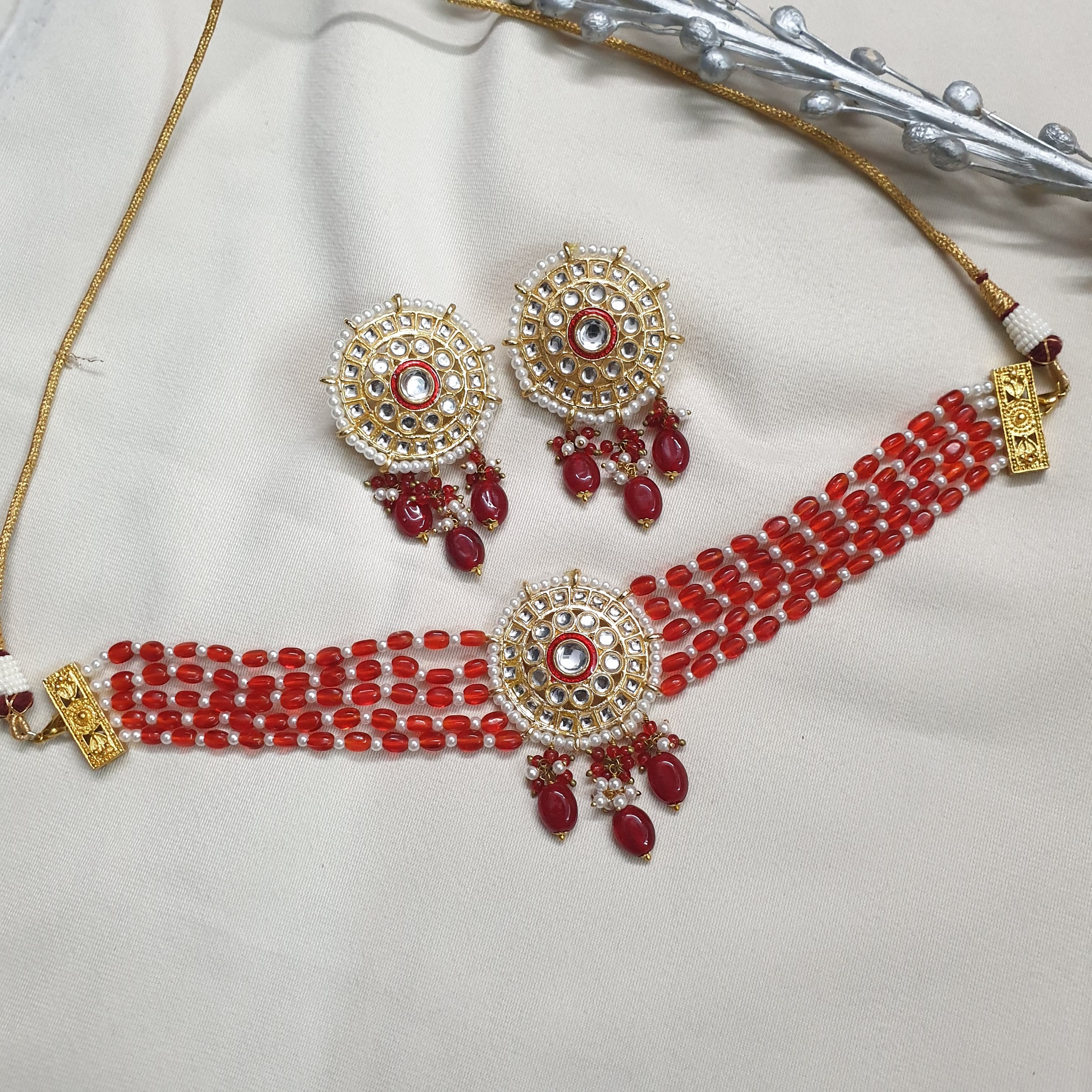 Red Beaded Kundan Choker Necklace With Earrings