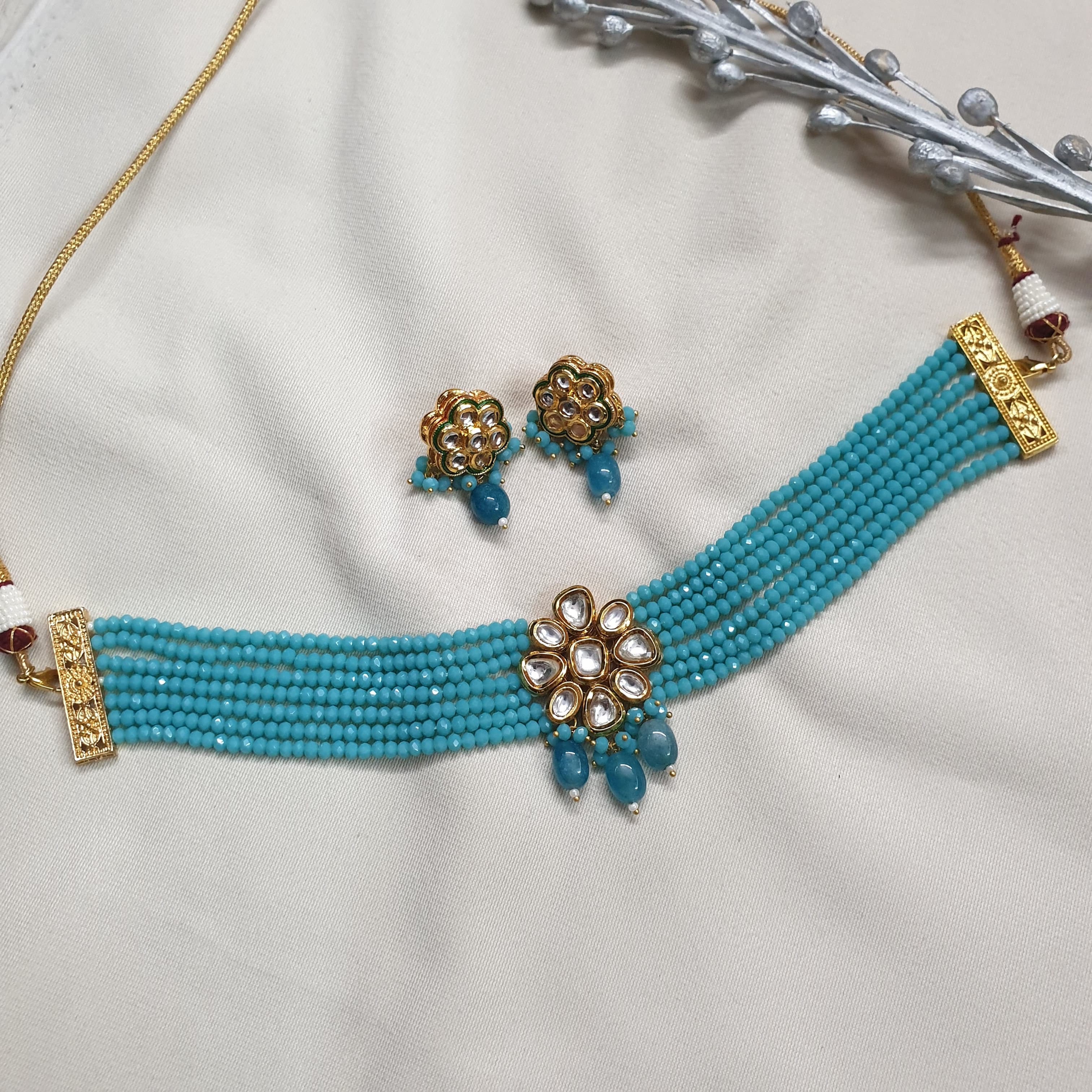 Turquoise Beaded Kundan Choker Necklace With Earrings