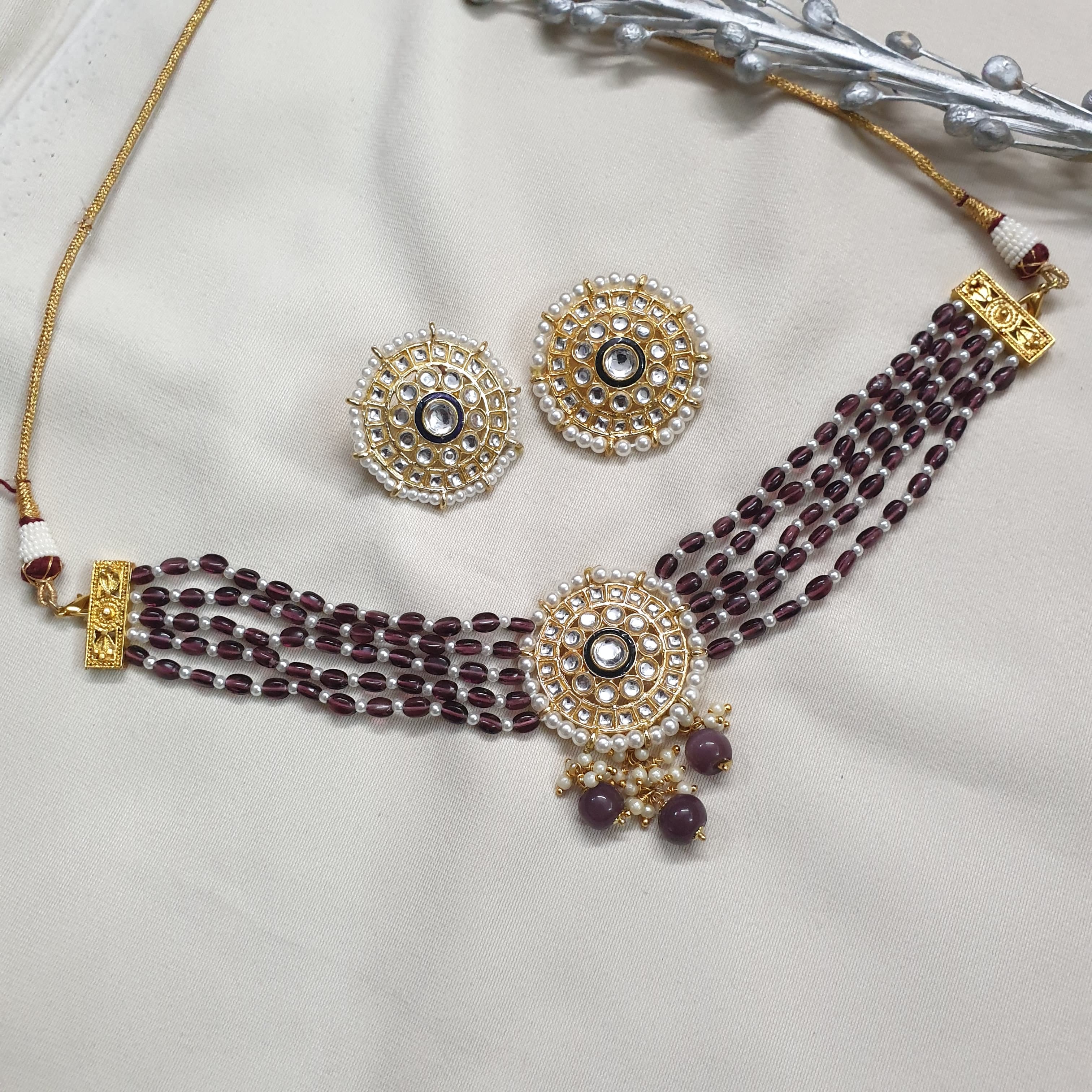 Amethyst Color Beaded Kundan Choker Necklace With Earrings