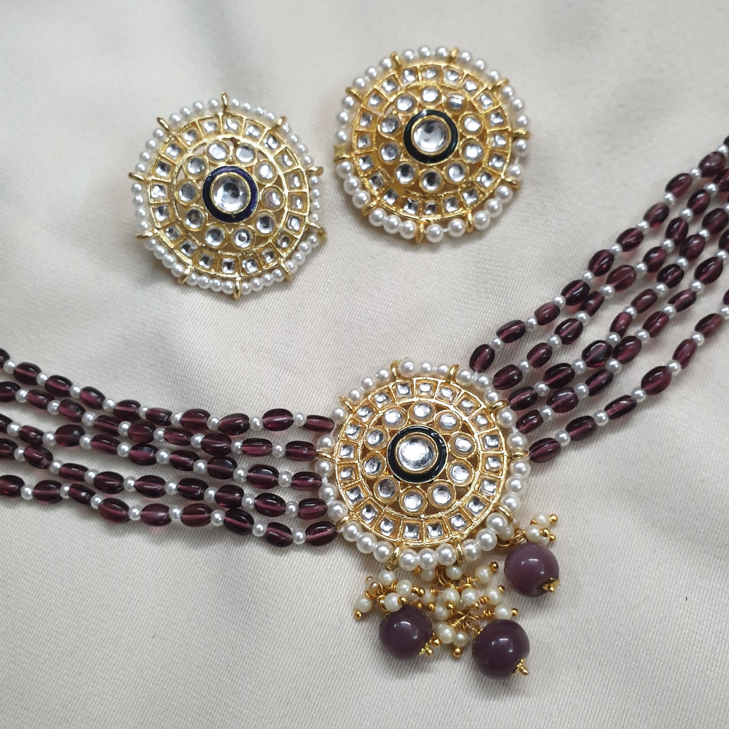 Amethyst Color Beaded Kundan Choker Necklace With Earrings