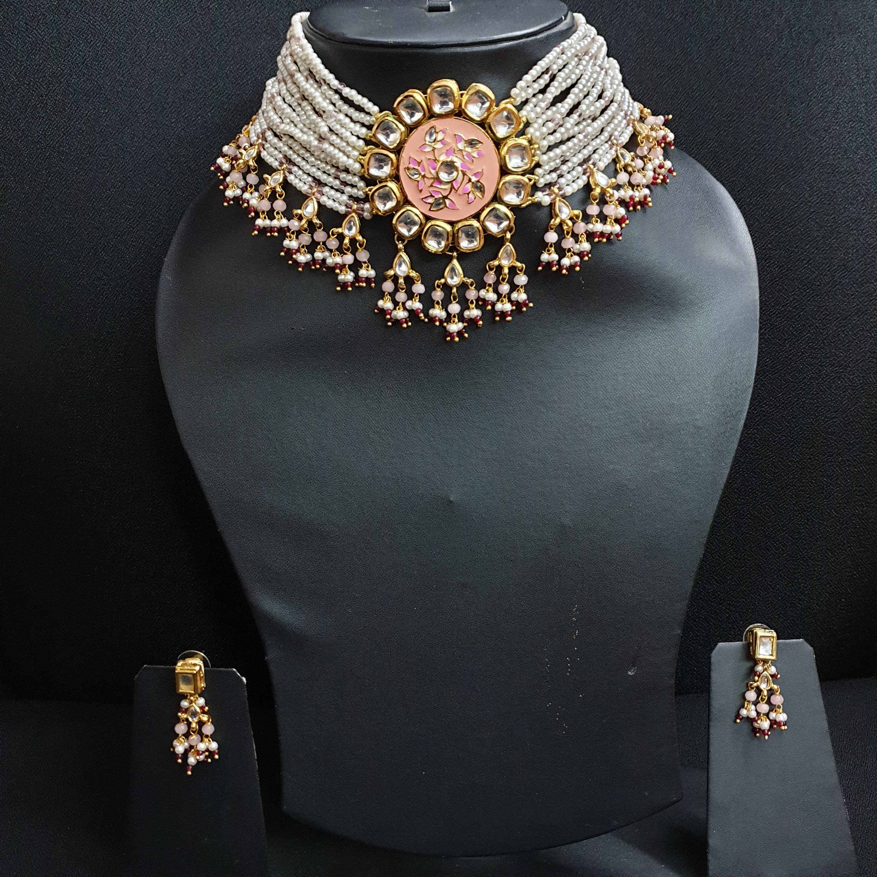 Floral Pink Kundan Meenakari Choker With Earrings