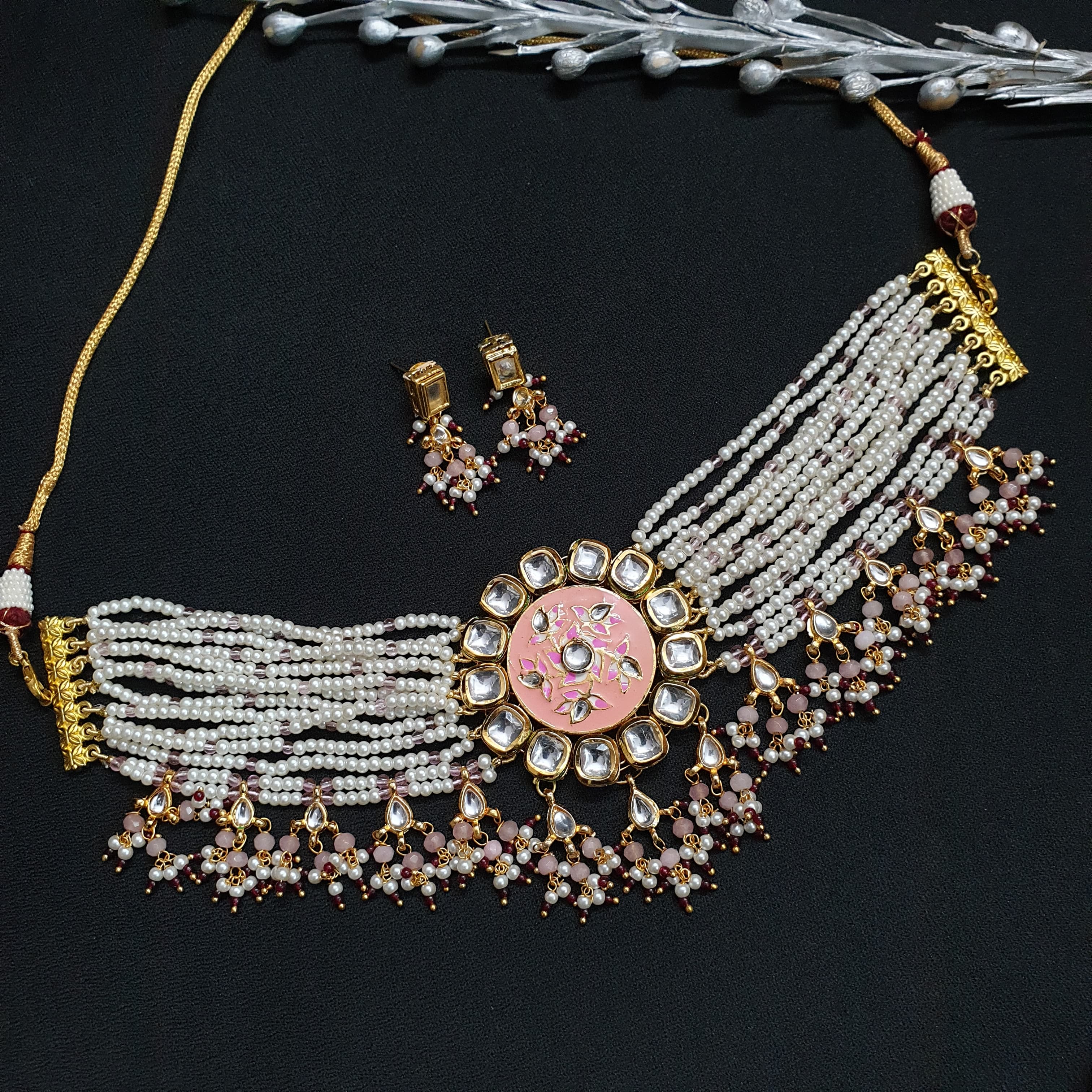 Floral Pink Kundan Meenakari Choker With Earrings