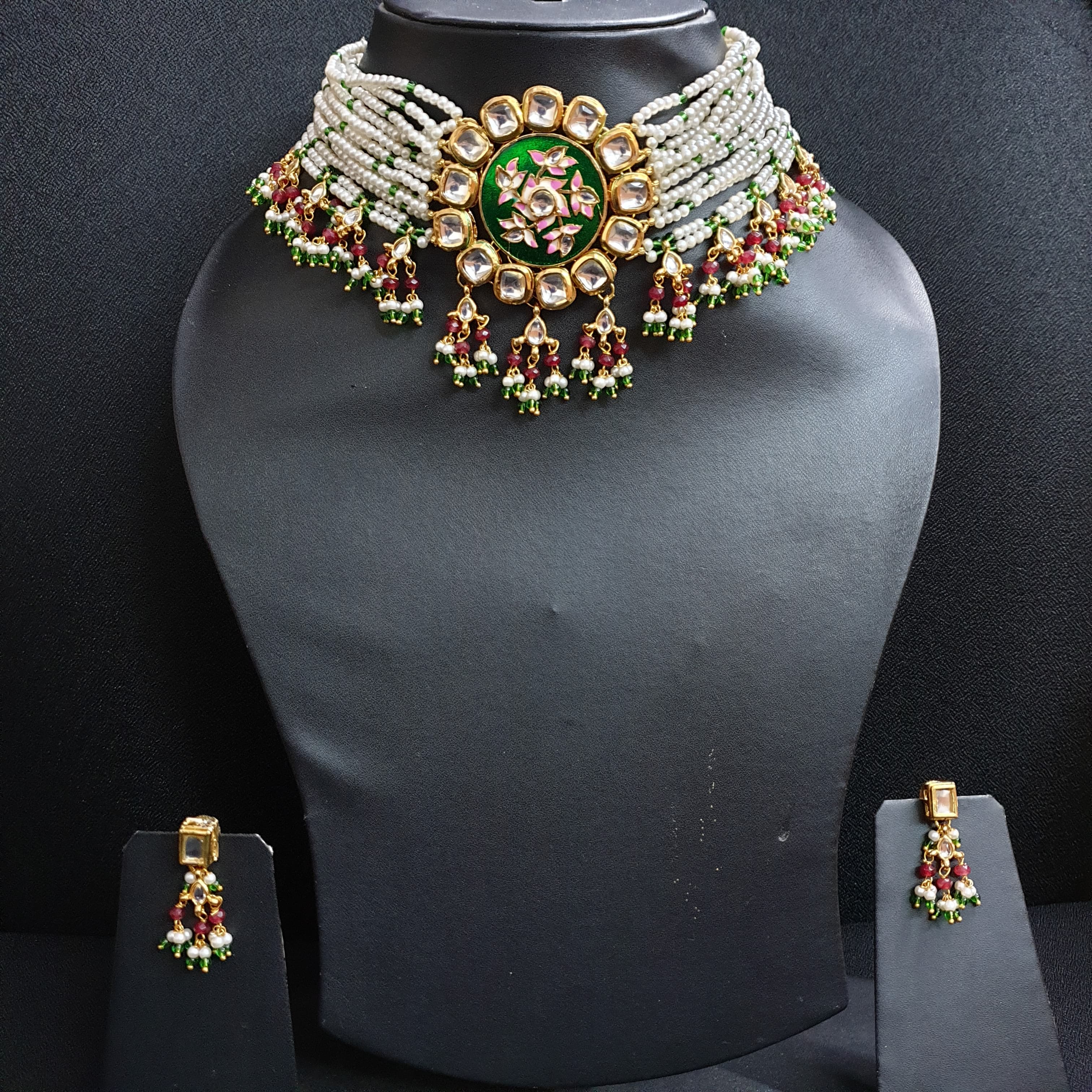 Floral Green Kundan Meenakari Choker With Earrings