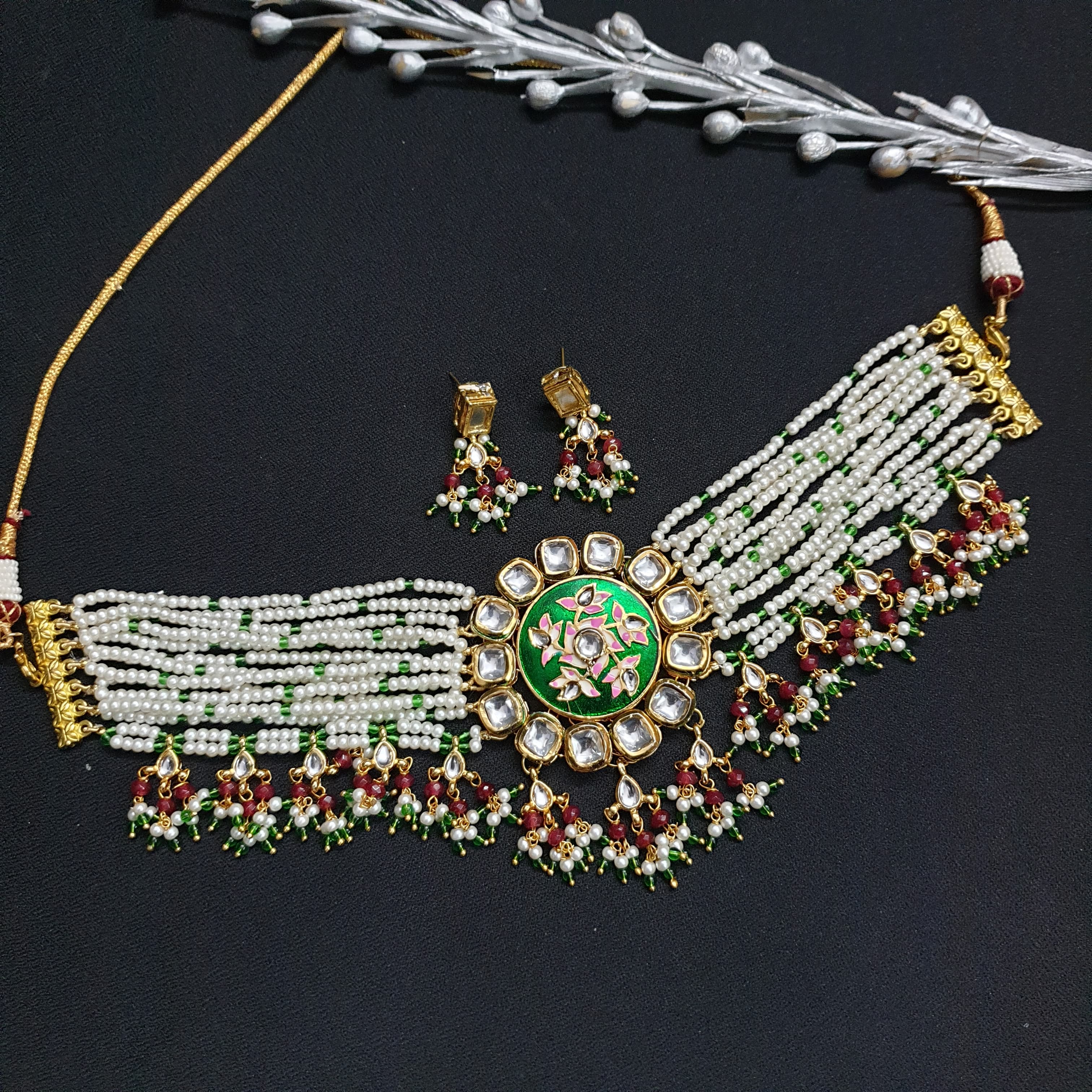 Floral Green Kundan Meenakari Choker With Earrings