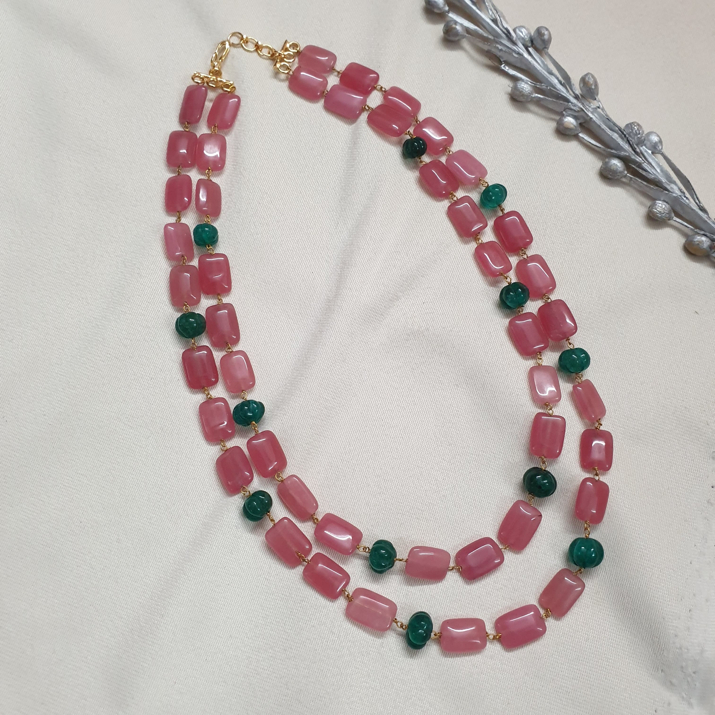 Pink Stone and Green Pumpkin Bead Necklace