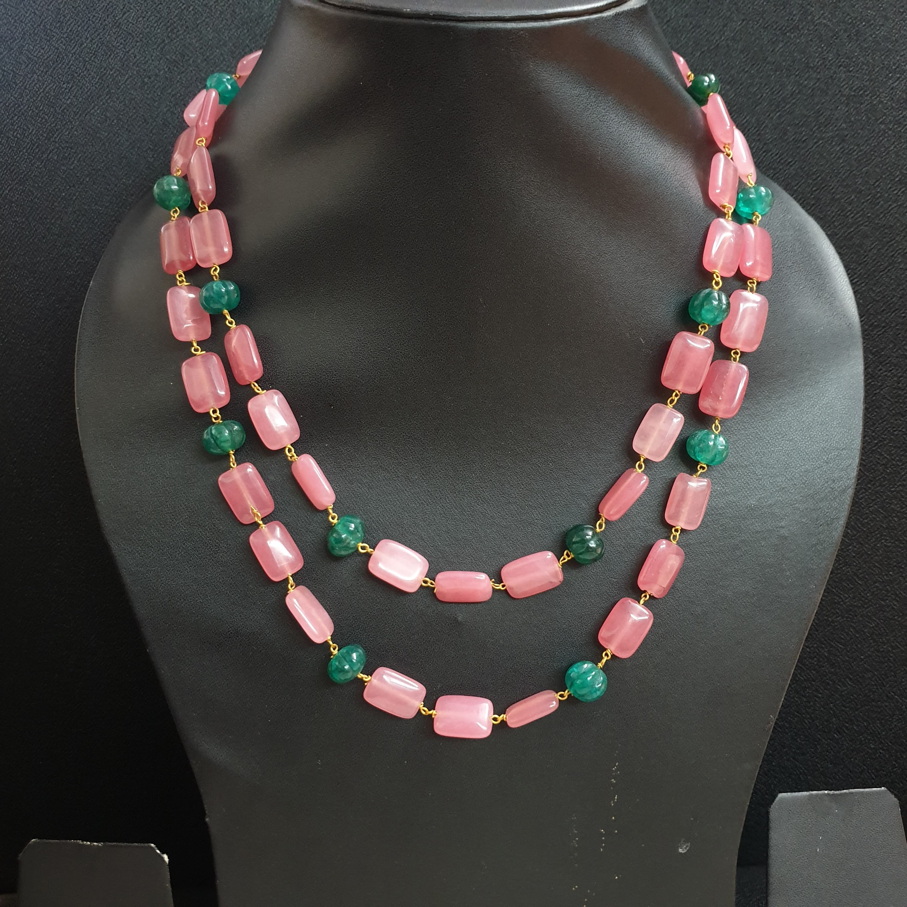 Pink Stone and Green Pumpkin Bead Necklace