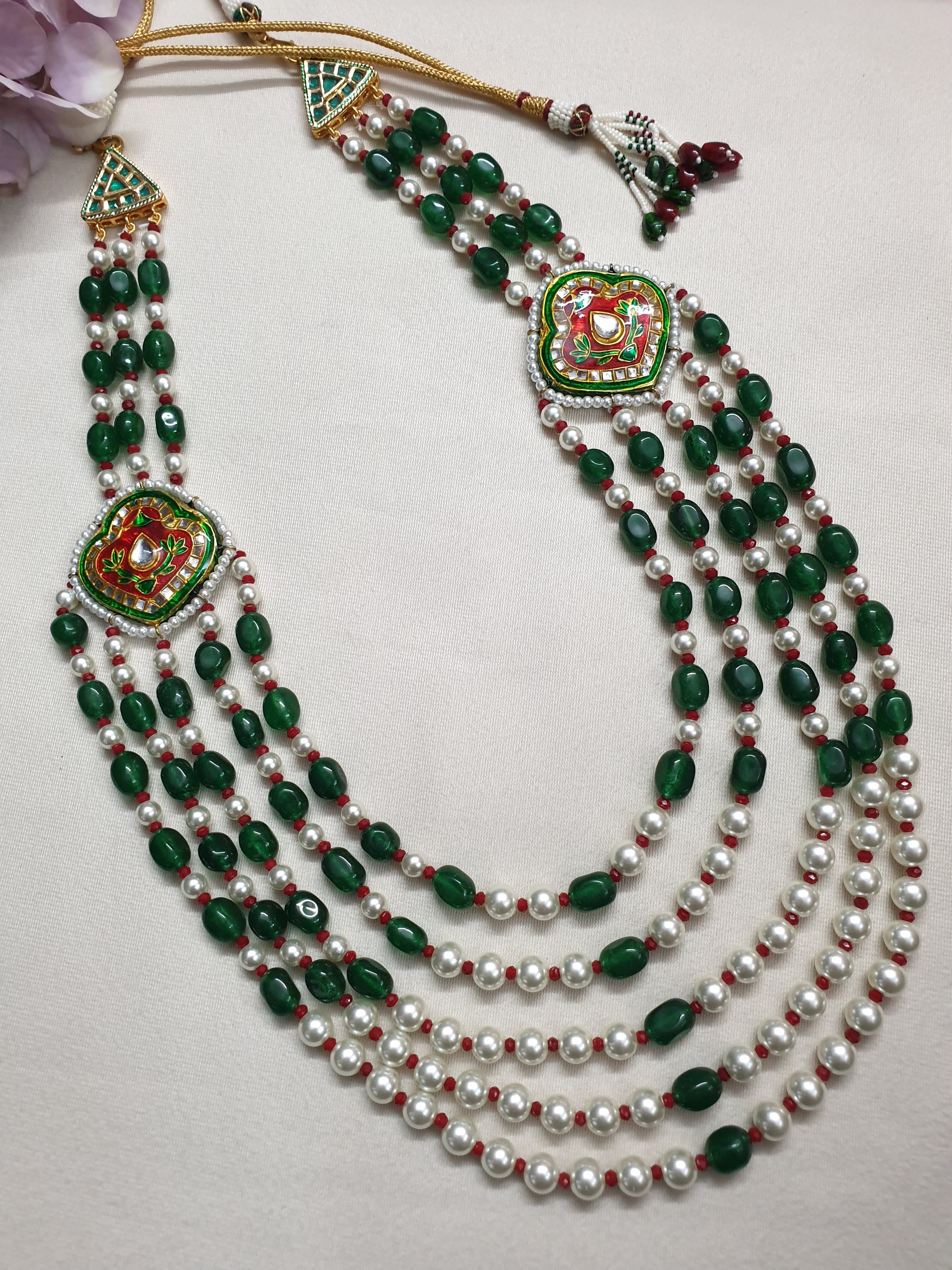 Kundan Meenakari Green Pearl Beaded Long Necklace