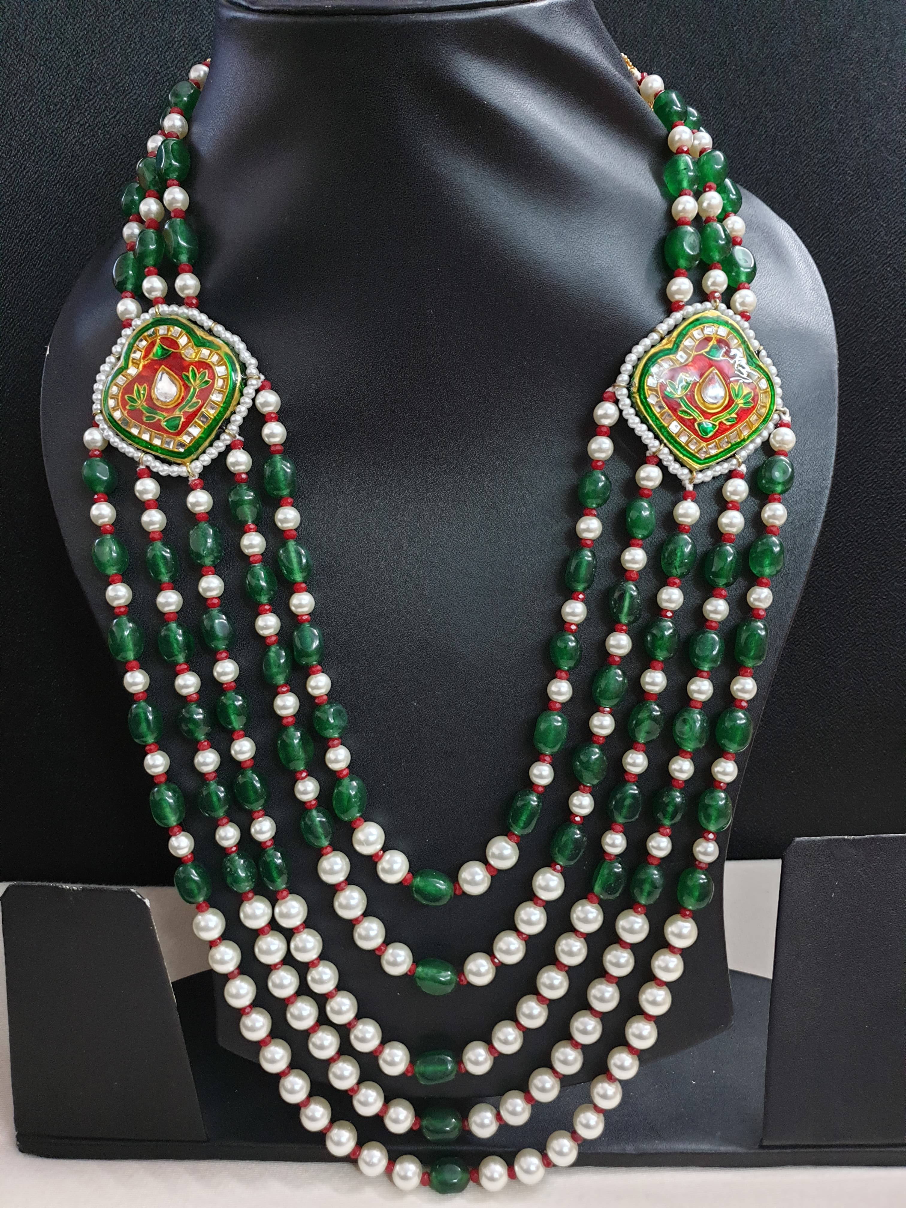 Kundan Meenakari Green Pearl Beaded Long Necklace