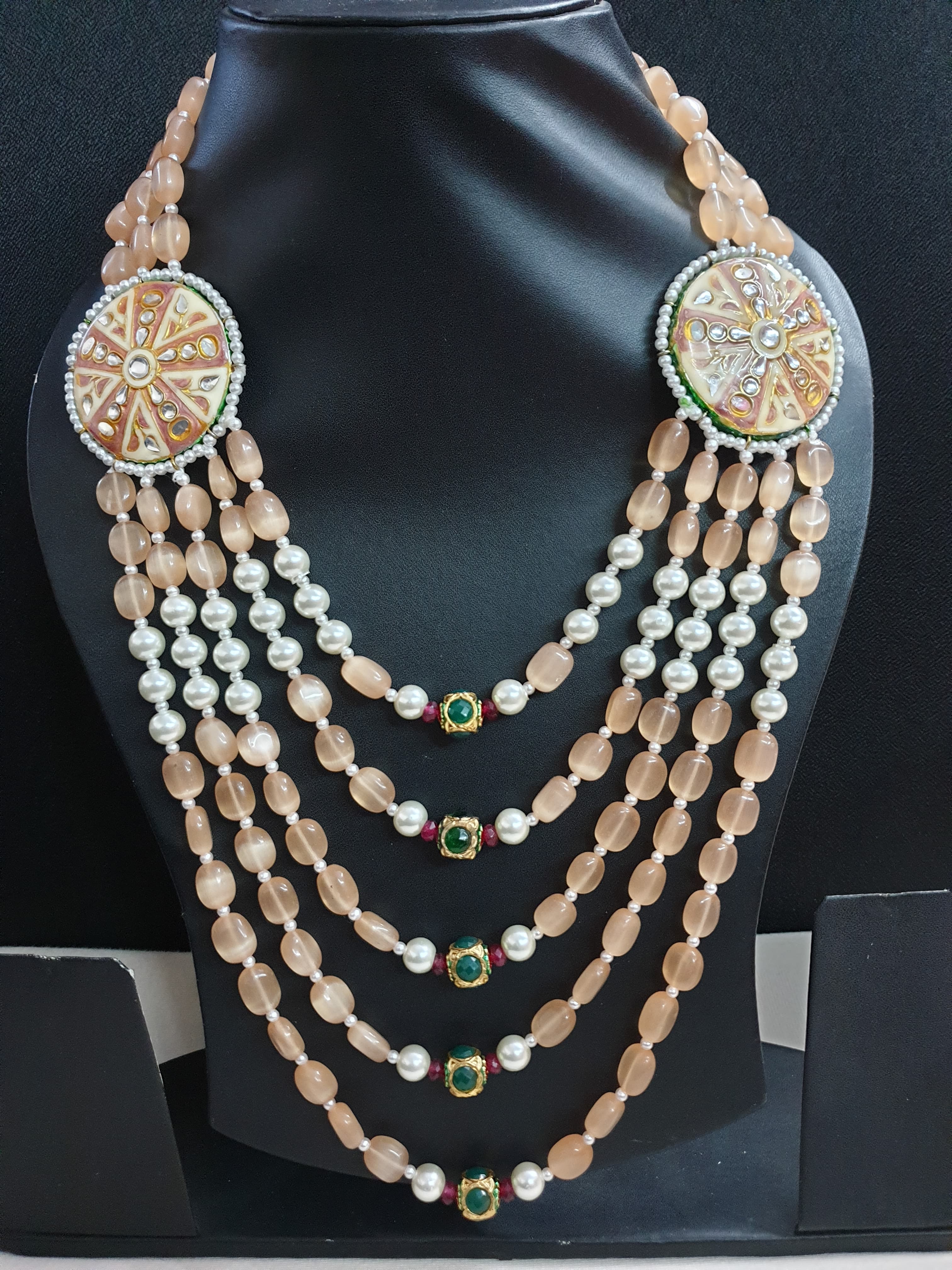 Peach Stone Kundan Meenakari Jadau Beaded Long Necklace