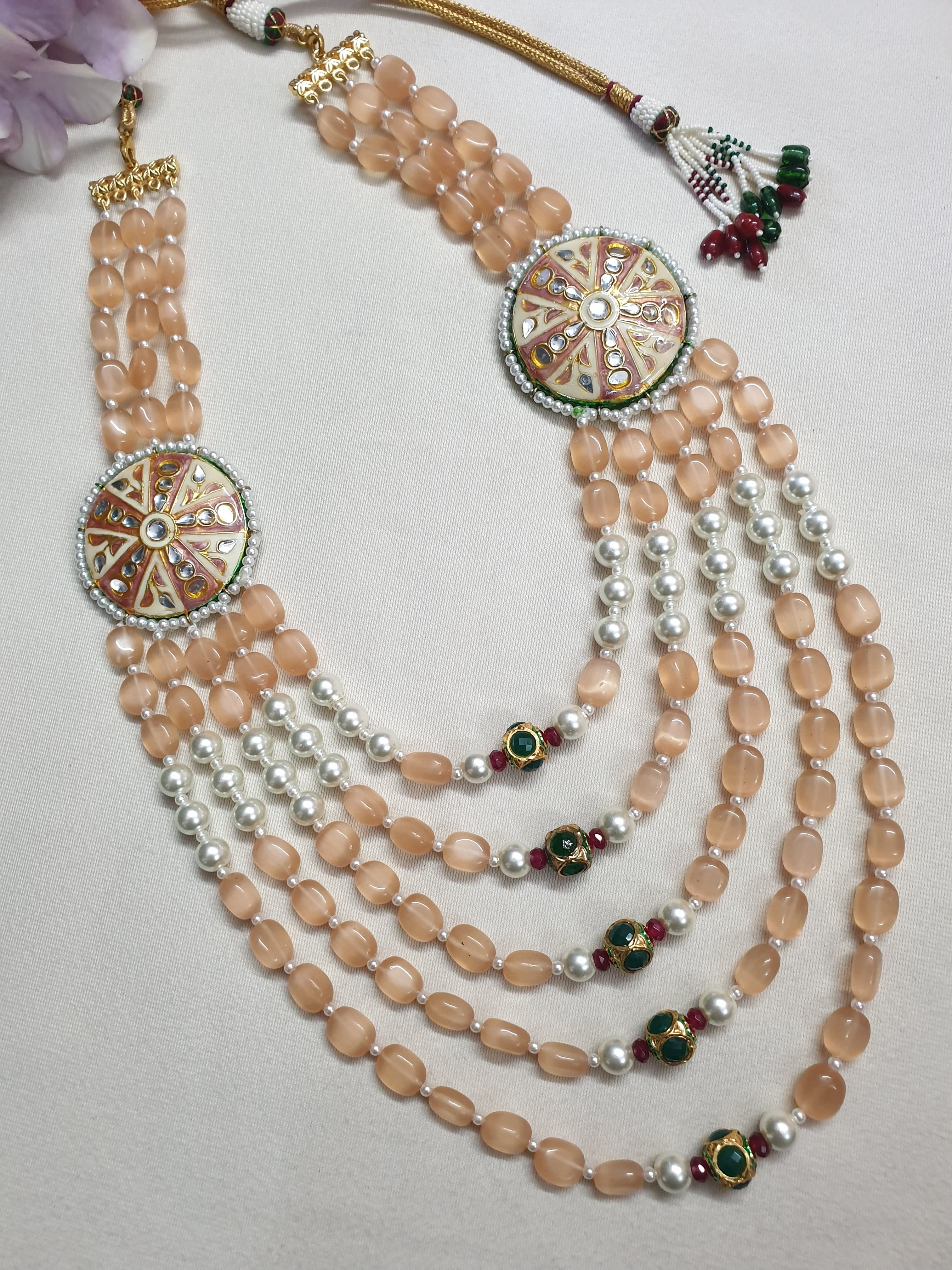 Peach Stone Kundan Meenakari Jadau Beaded Long Necklace