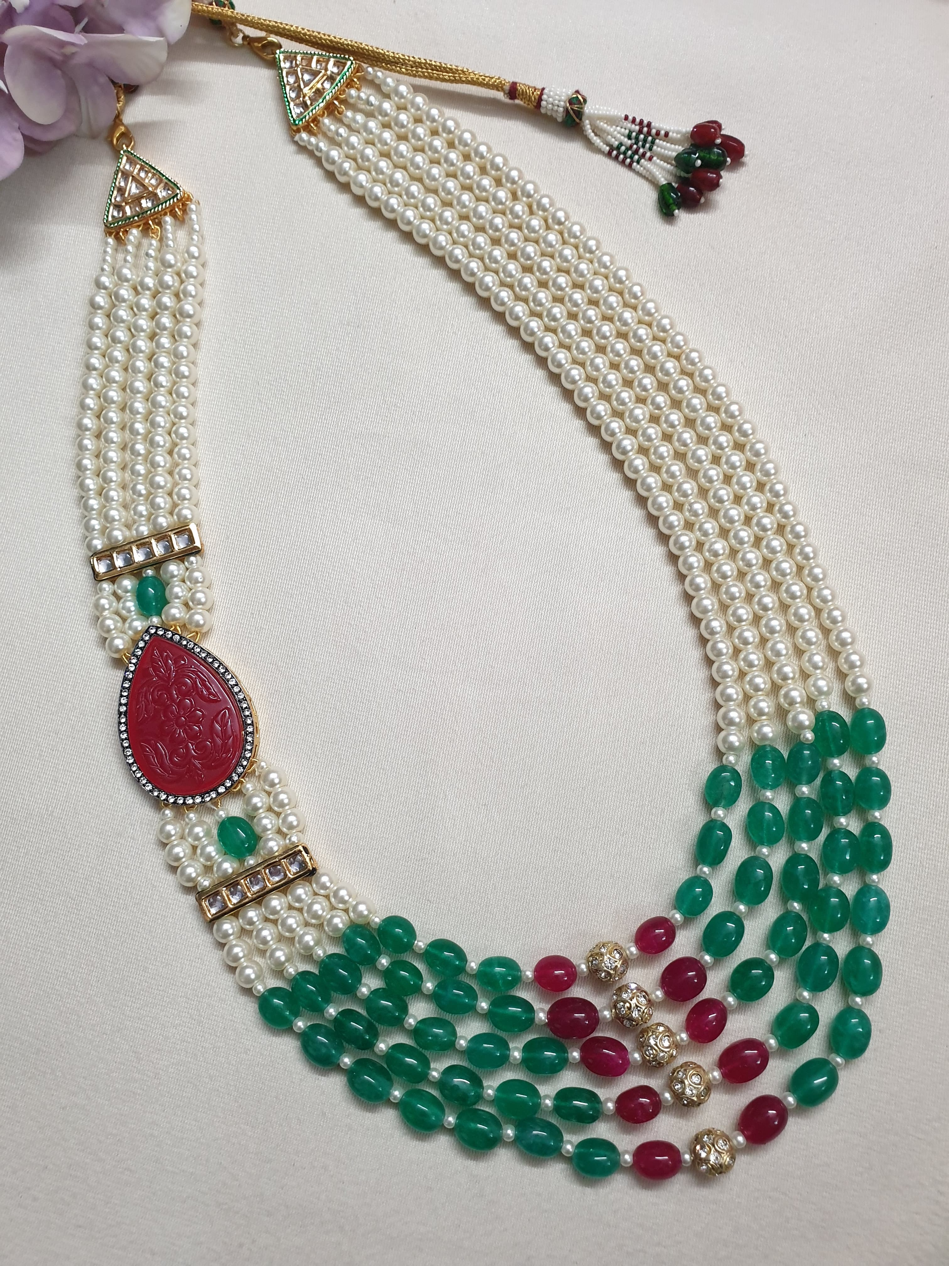 Multi Stone Carving Design Pearl Beaded Long Necklace