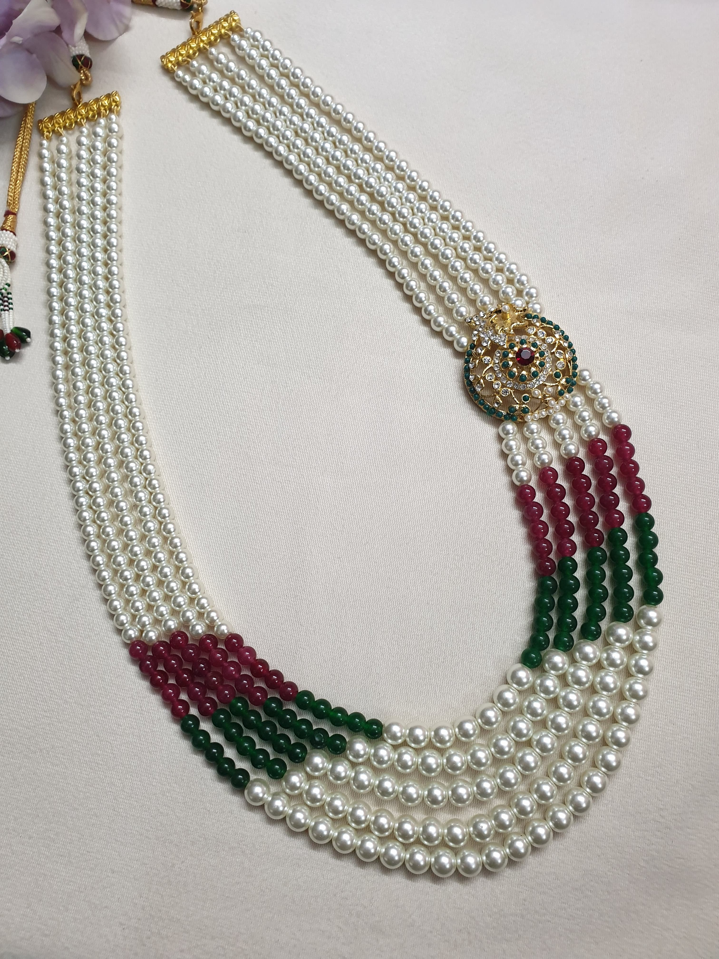 Designer Green Red Stone Pearl Beaded Long Necklace