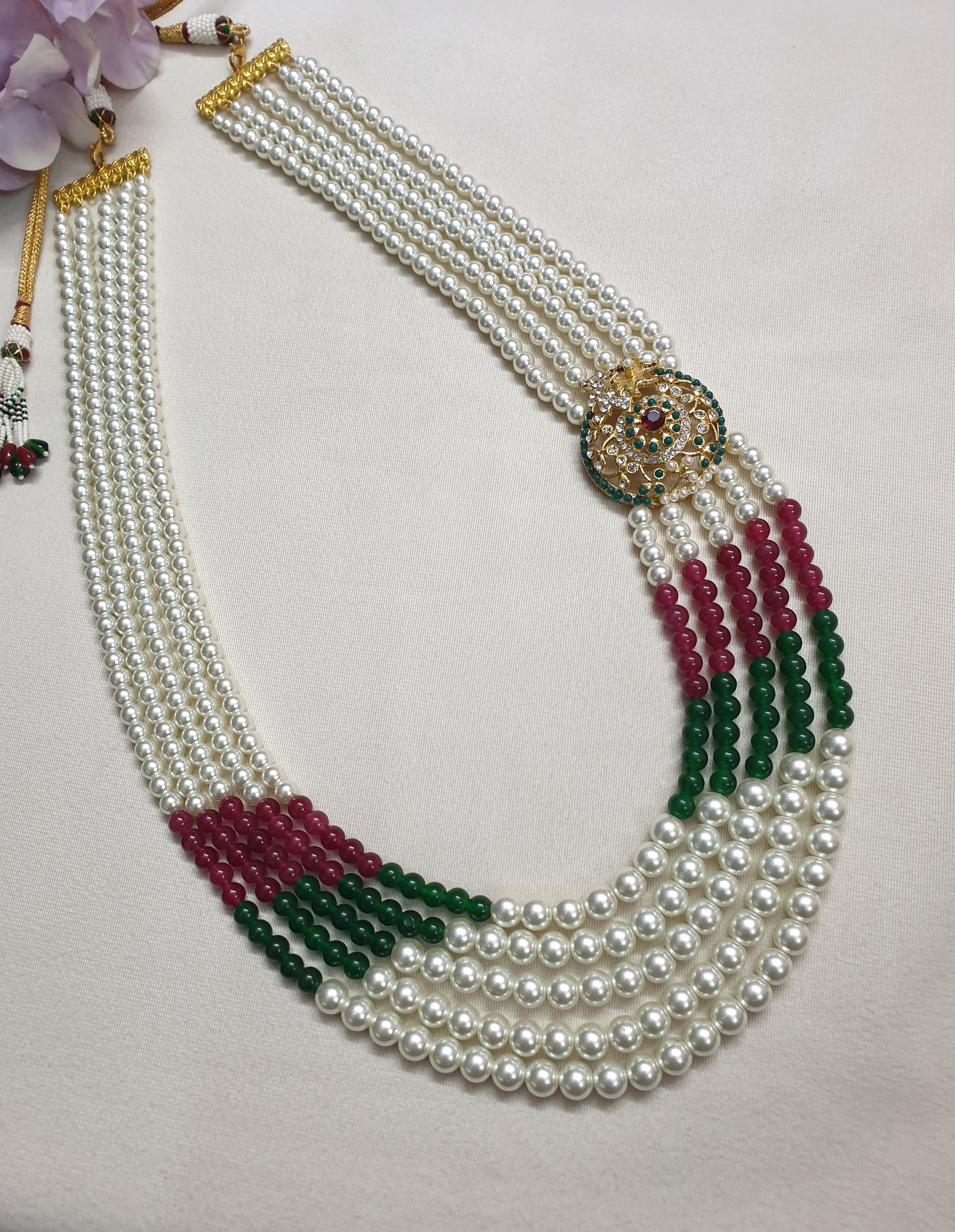 Designer Green Red Stone Pearl Beaded Long Necklace