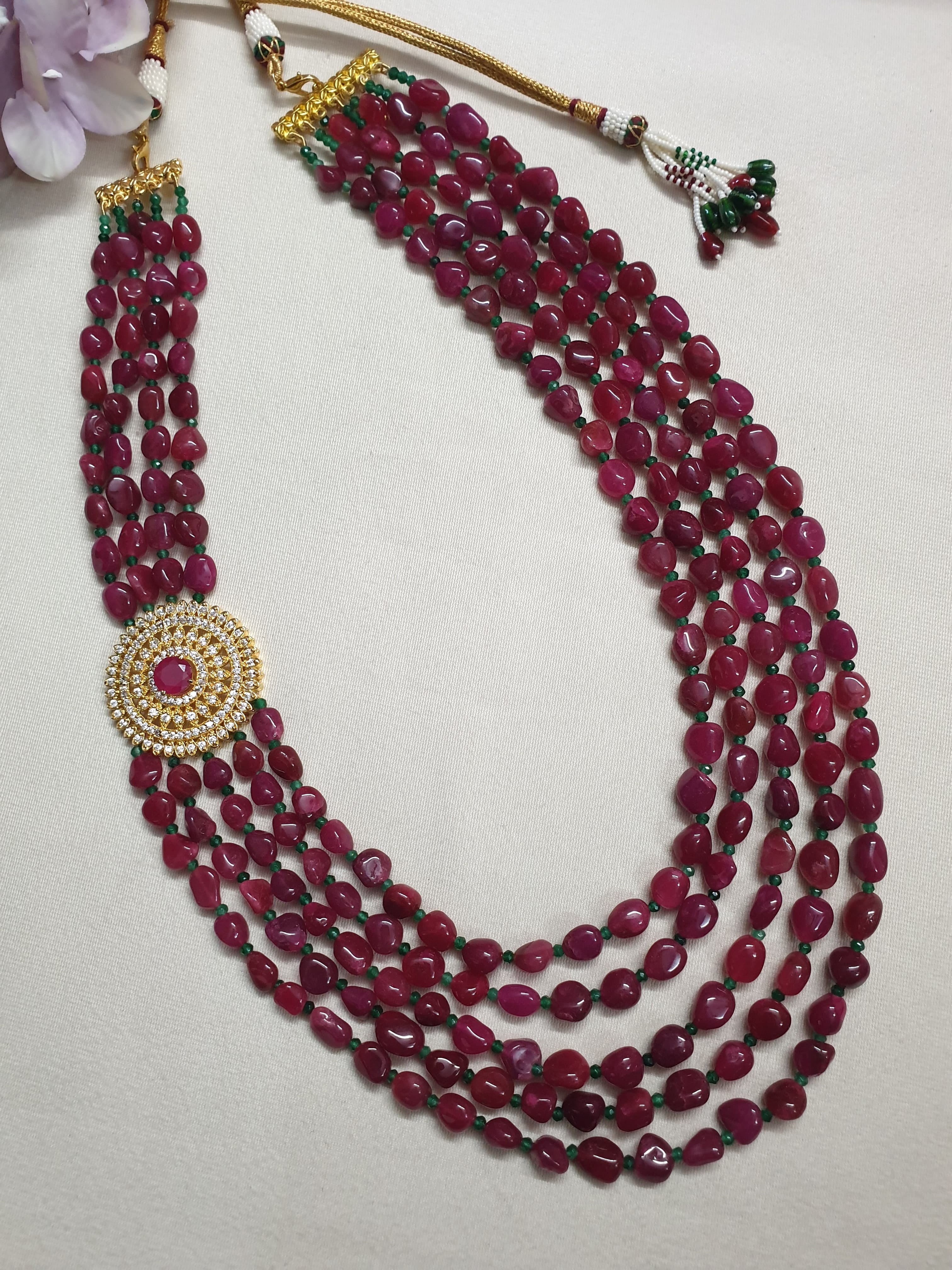 Designer Ruby Red Stone Kundan Beaded Long Necklace