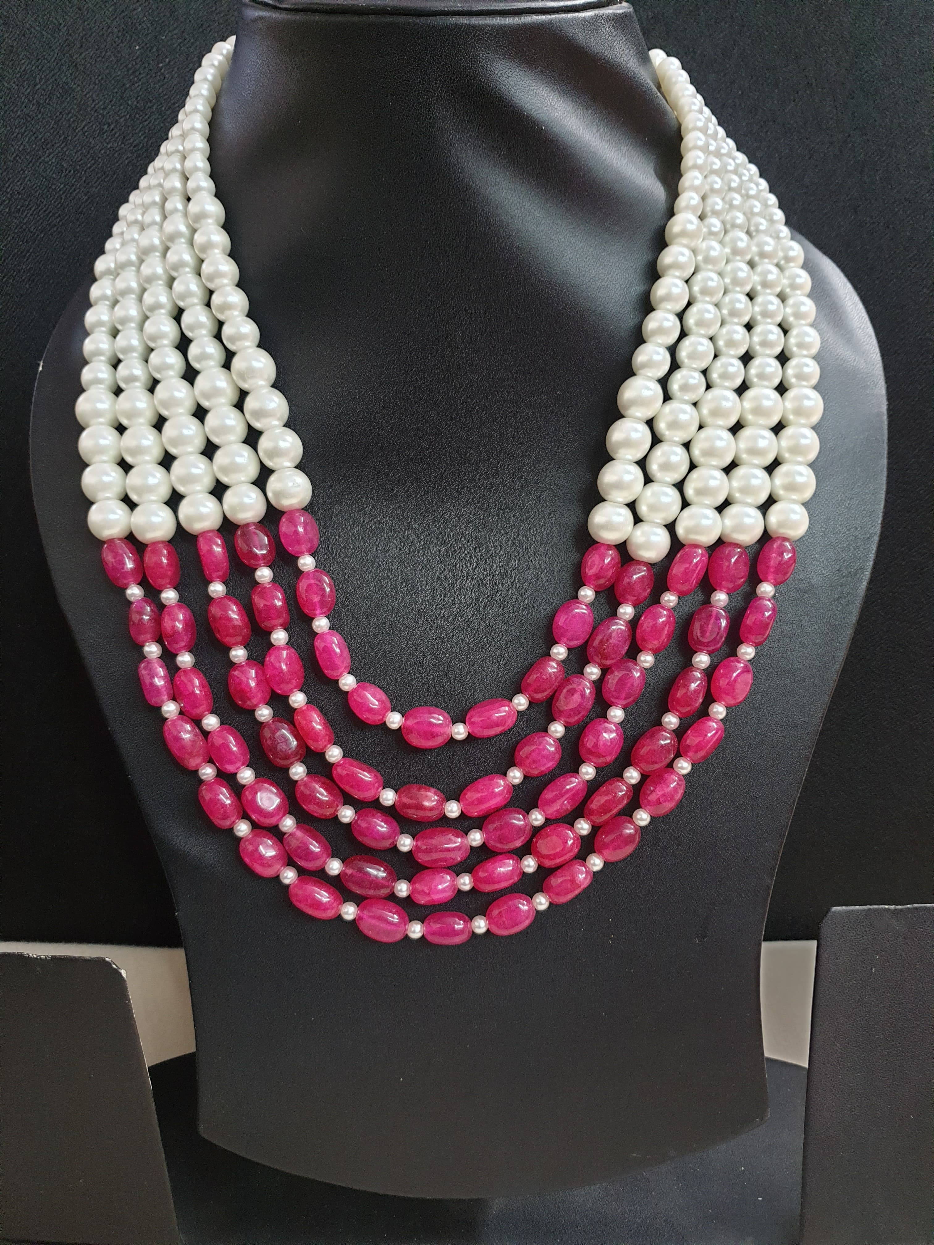 Designer Ruby Red Stone Pearl Beaded Necklace