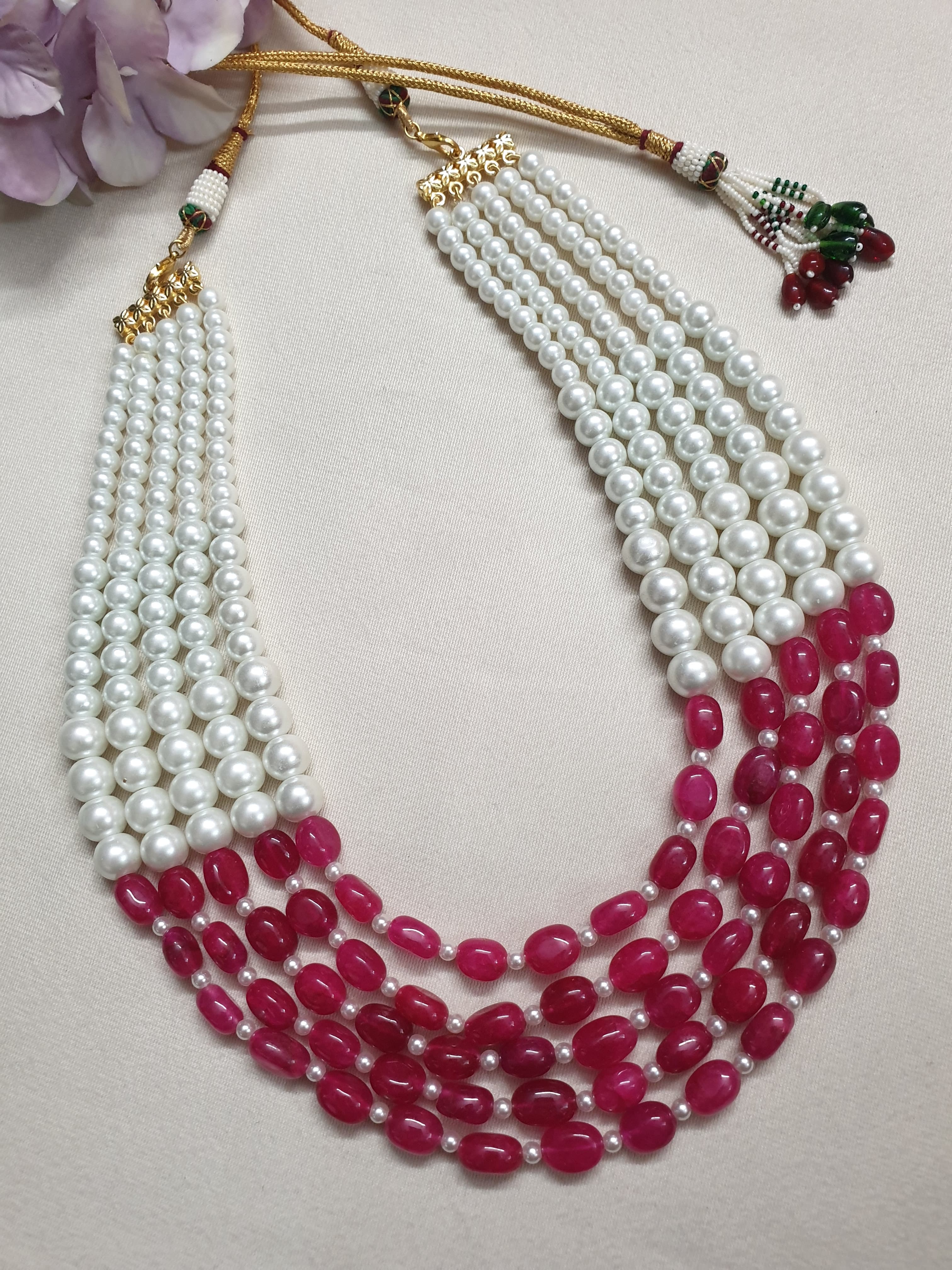 Designer Ruby Red Stone Pearl Beaded Necklace