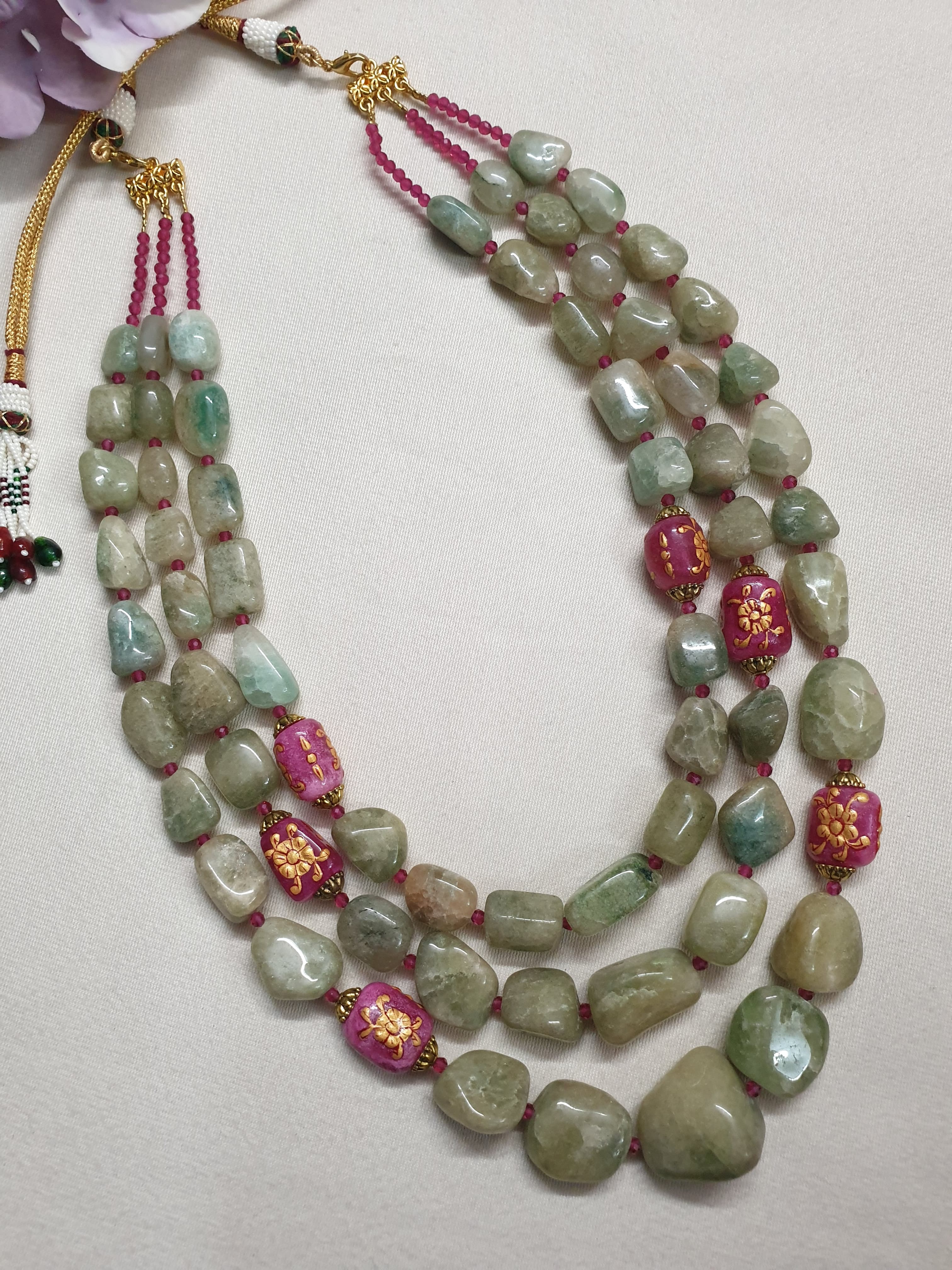 Emerald Green And Pink Handpainted Stone Bead Necklace