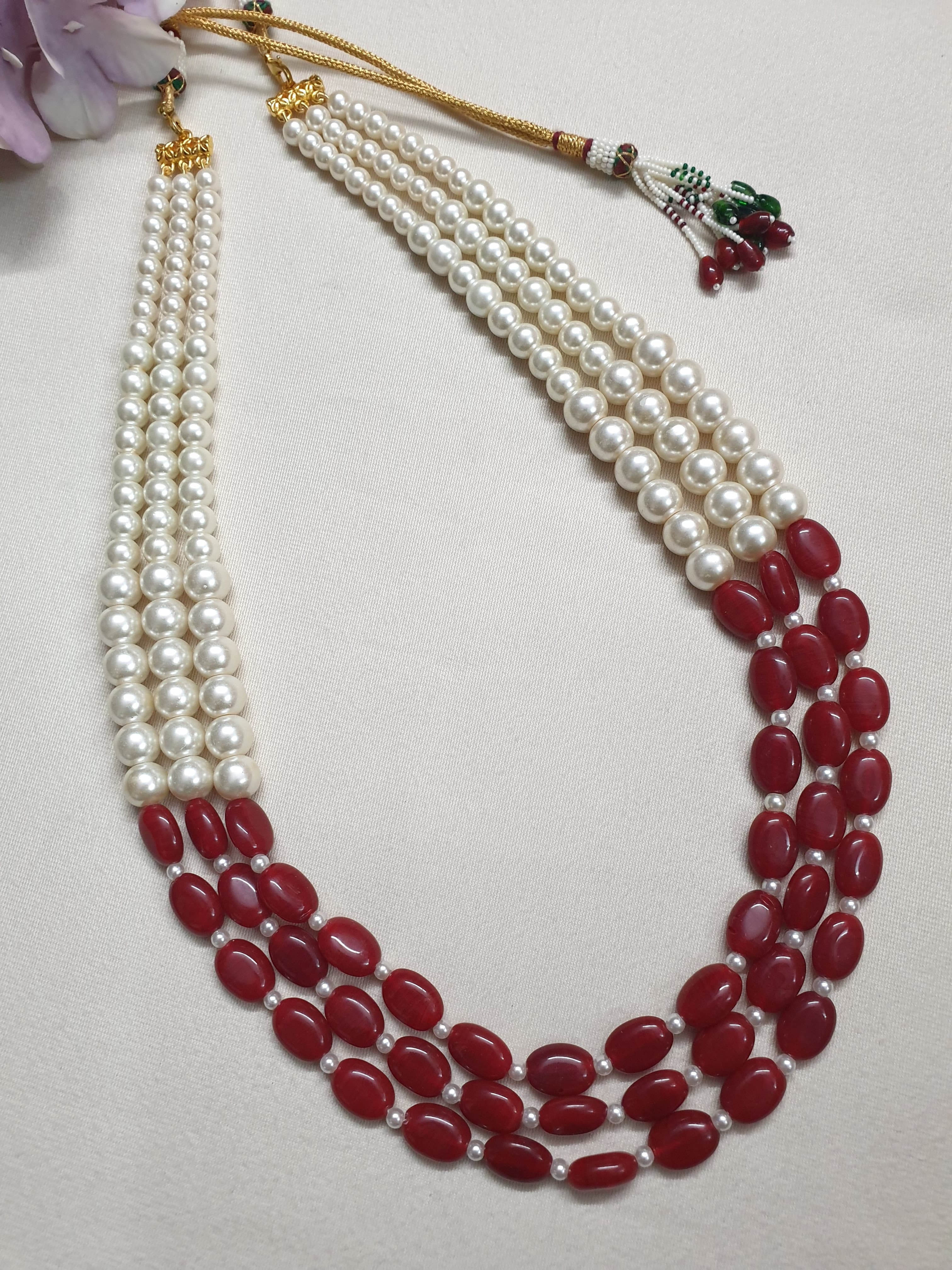 Pearl And Ruby Red Stone Bead Necklace