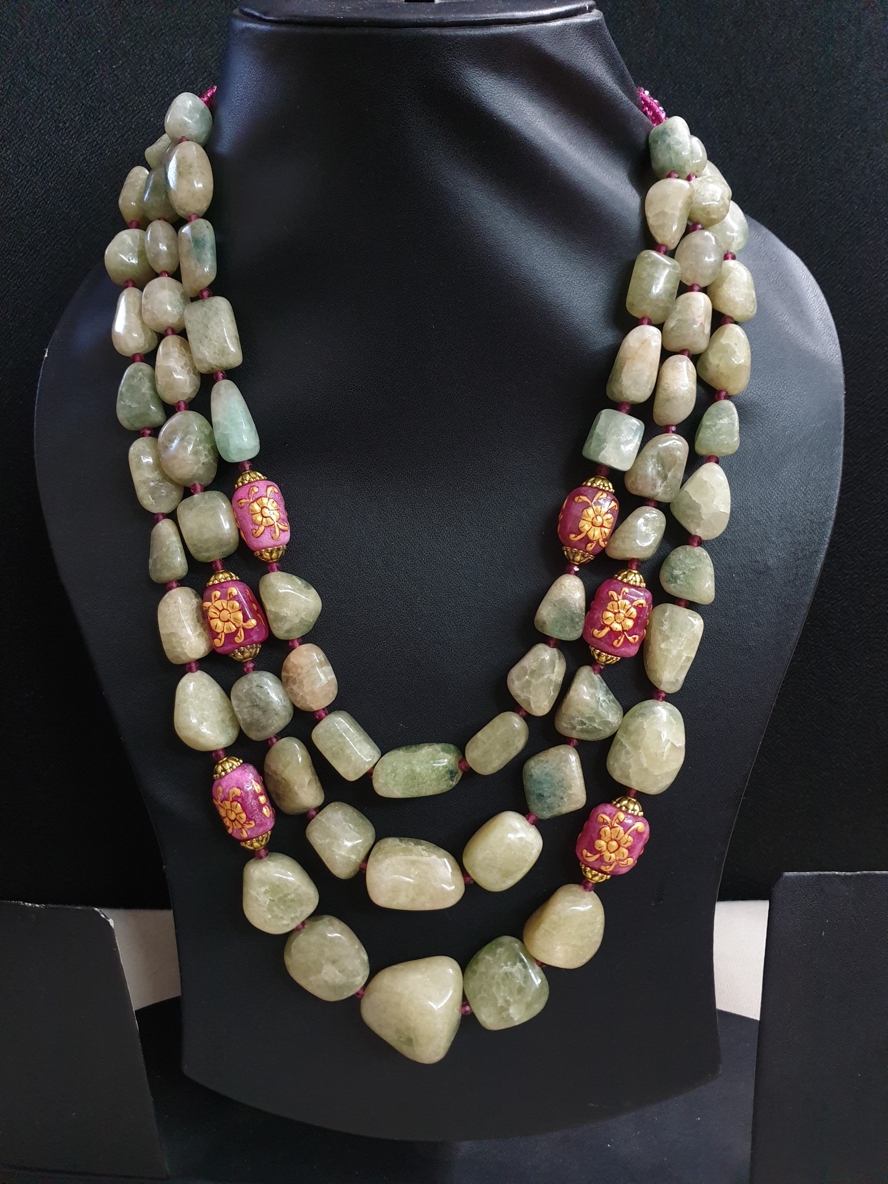 Emerald Green And Pink Handpainted Stone Bead Necklace