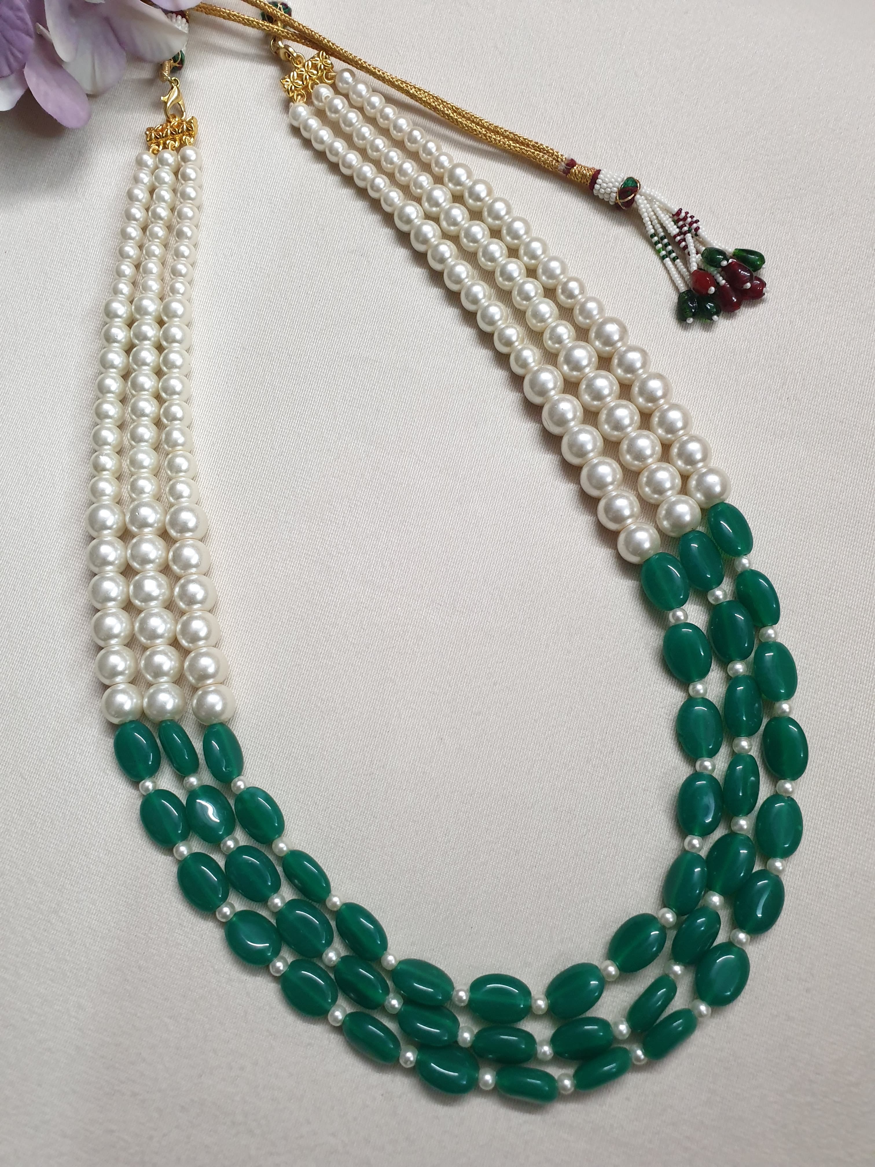 Pearl And Emerald Green Stone Bead Necklace