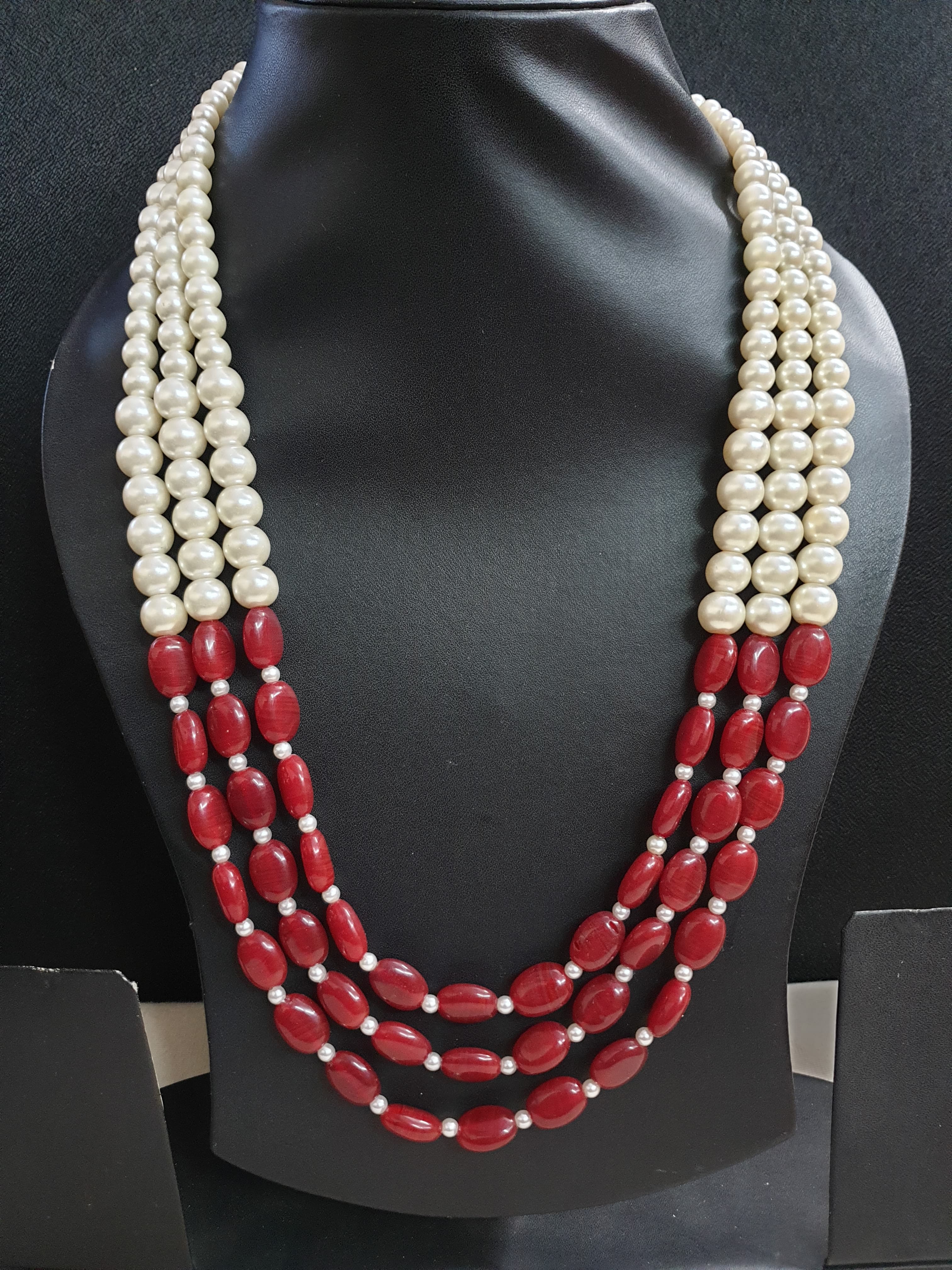 Pearl And Ruby Red Stone Bead Necklace