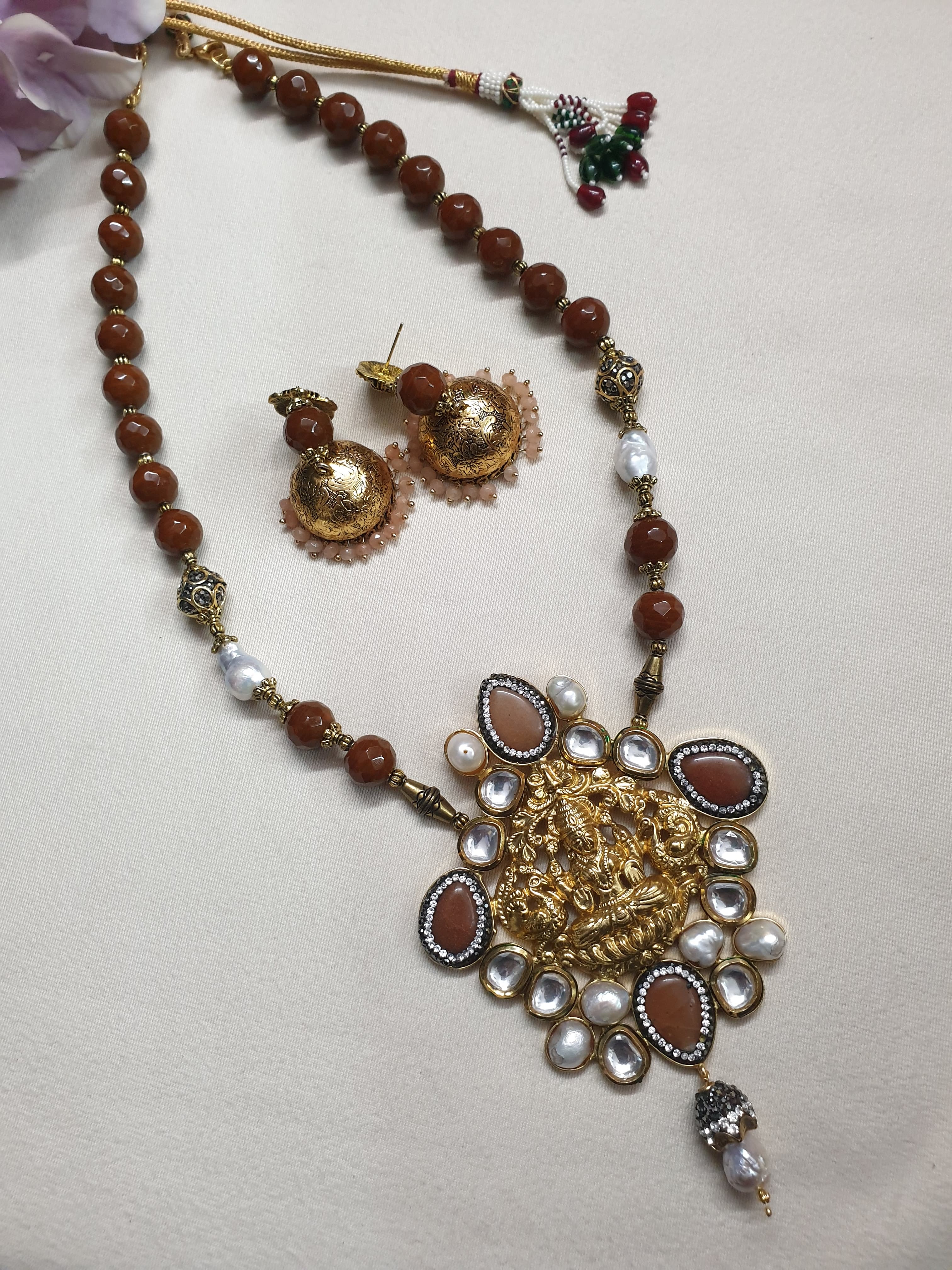 Gold Tone Temple Jewellery Set With Earrings