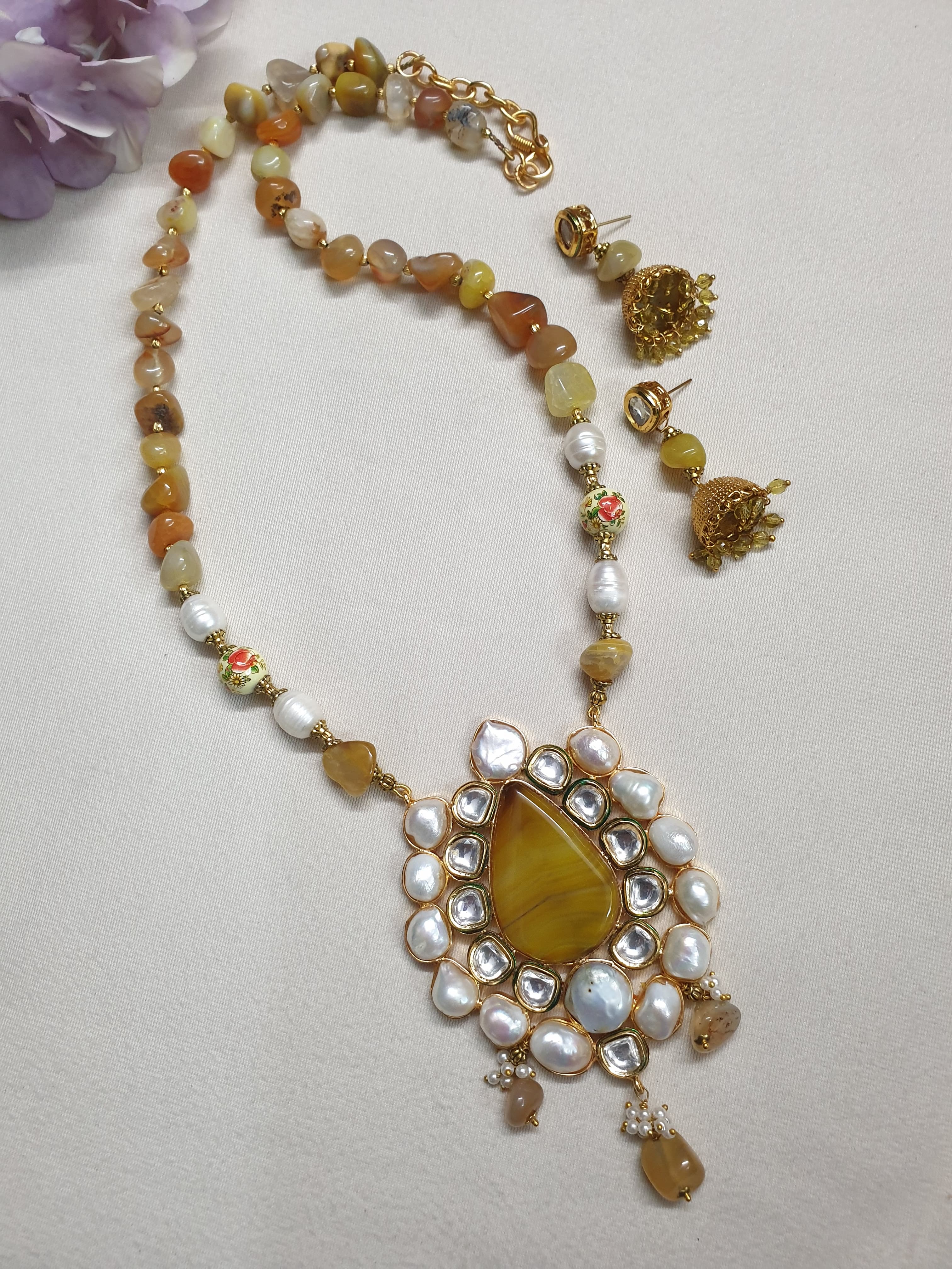 Yellow Stone Kundan Pendant Set With Earrings