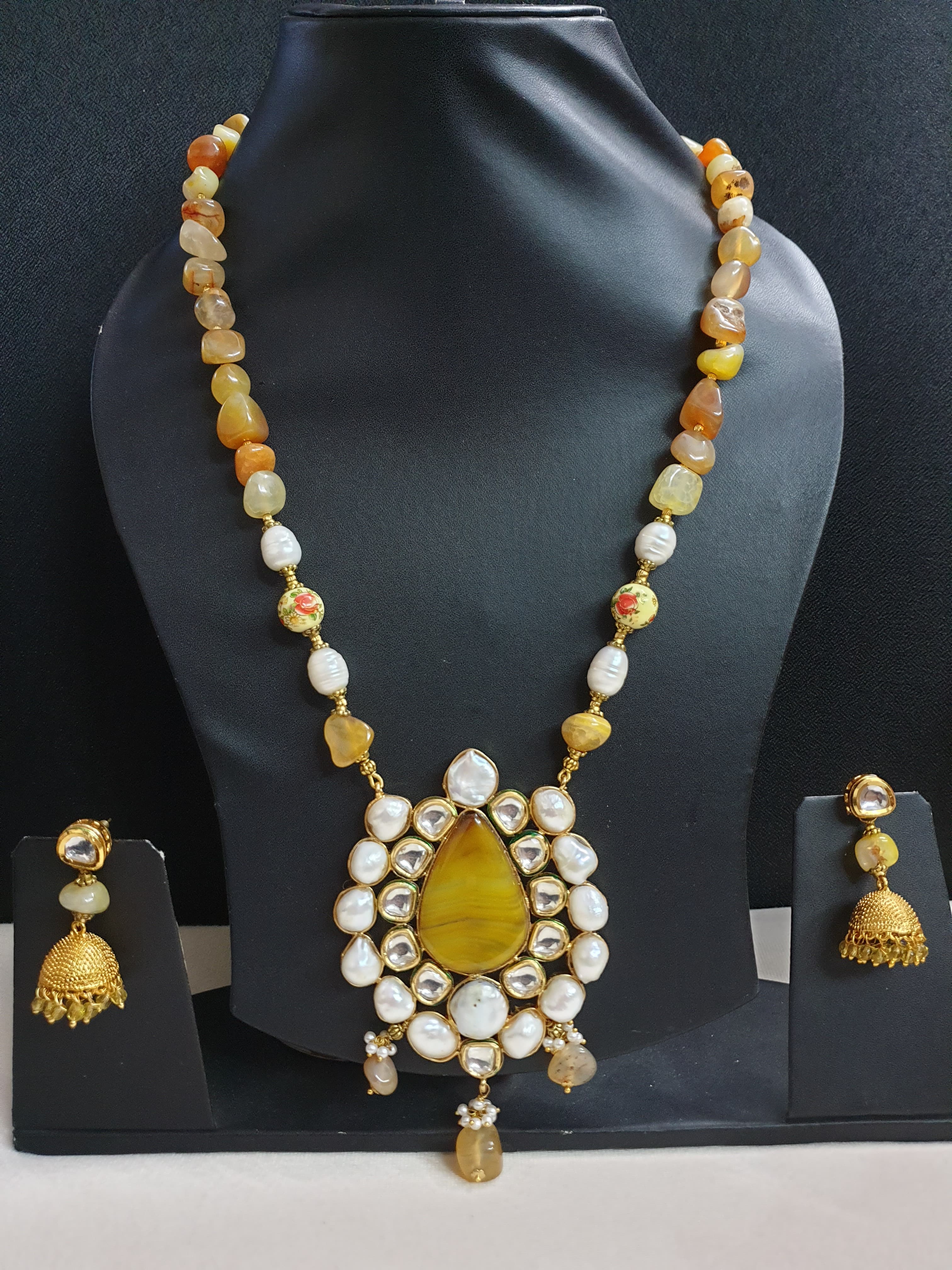 Yellow Stone Kundan Pendant Set With Earrings