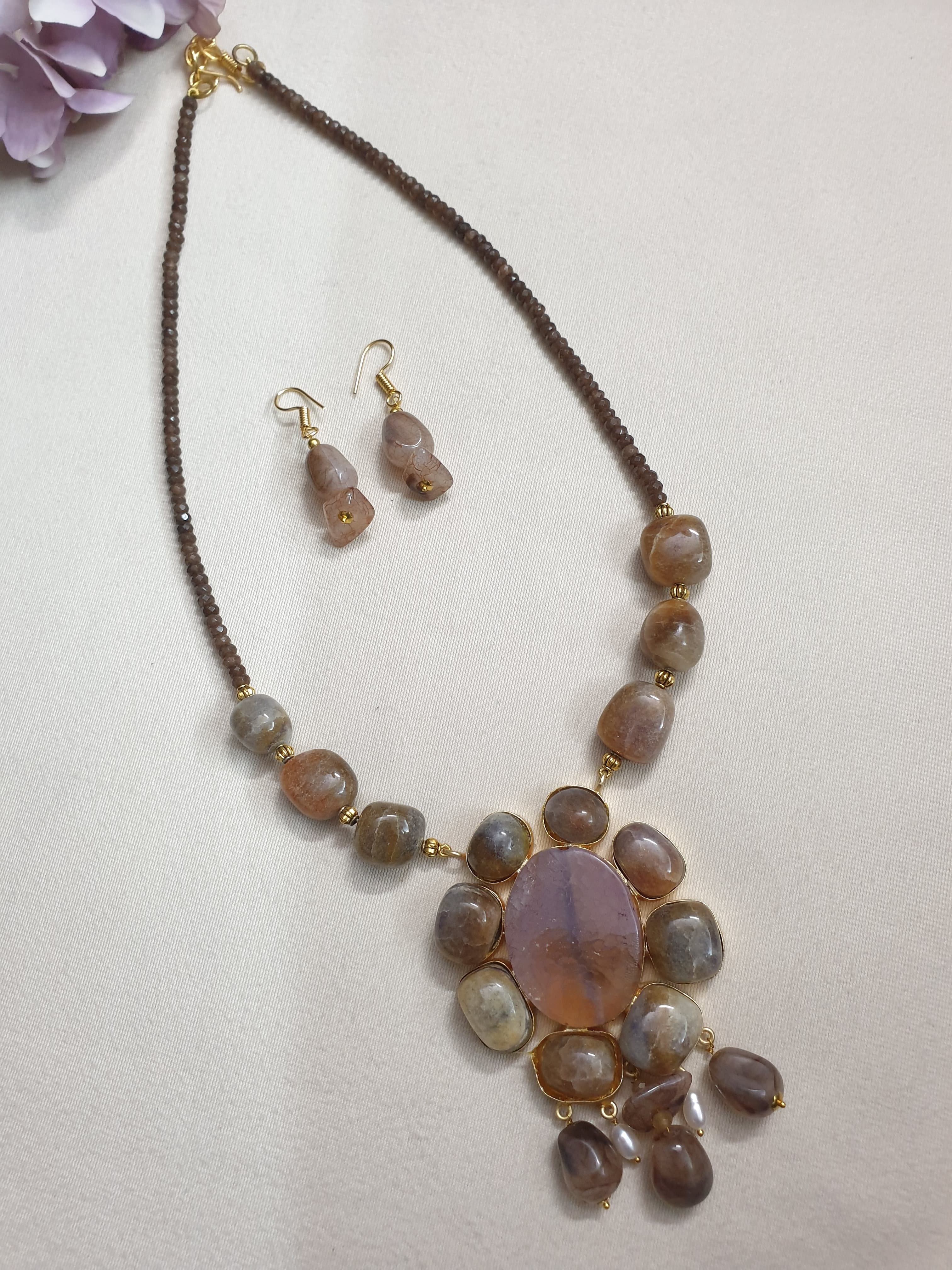 Light Brown Stone Fusion Pendant Set With Earrings