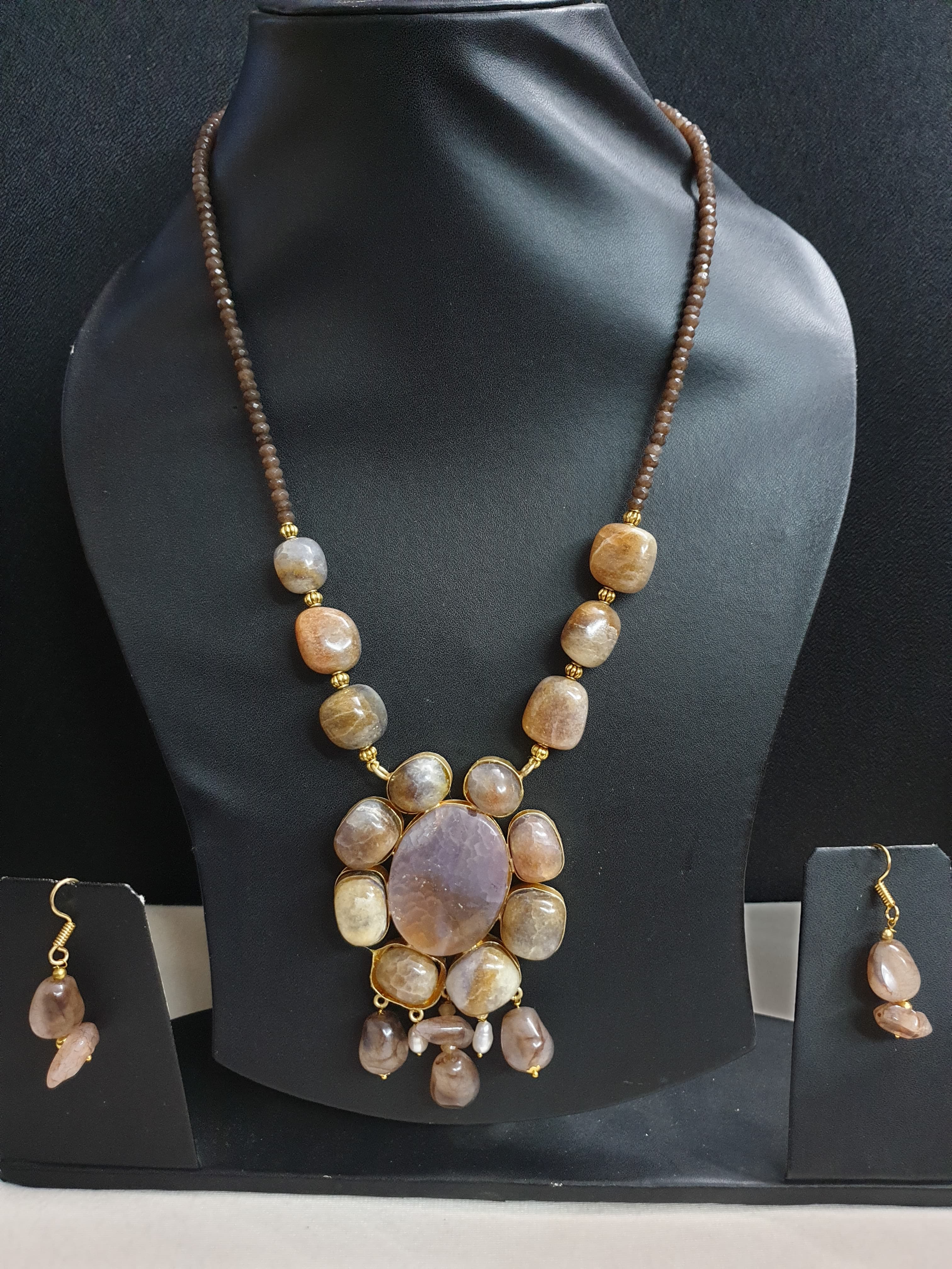 Light Brown Stone Fusion Pendant Set With Earrings