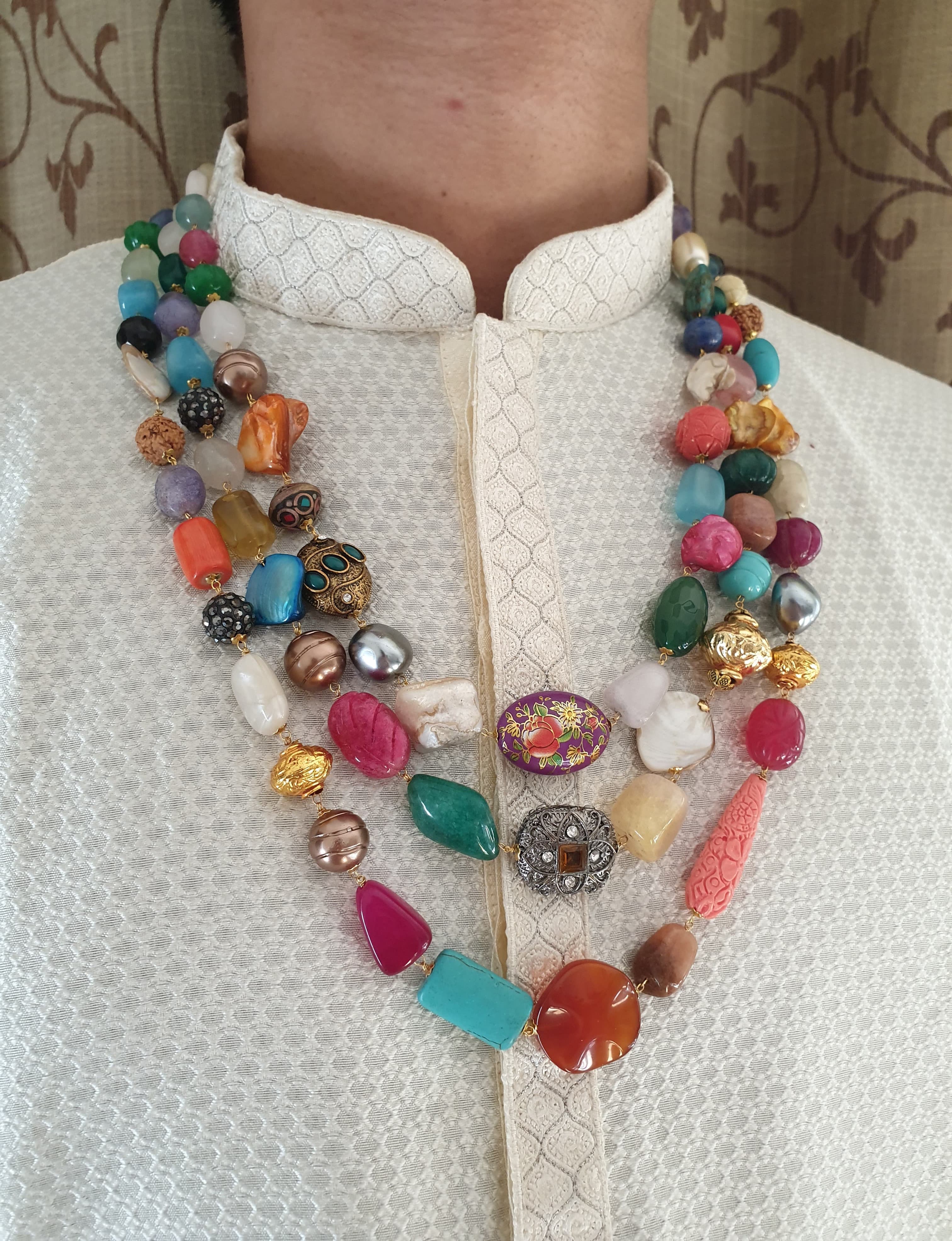 Three Layered Multi Designer Beads Groom Necklace