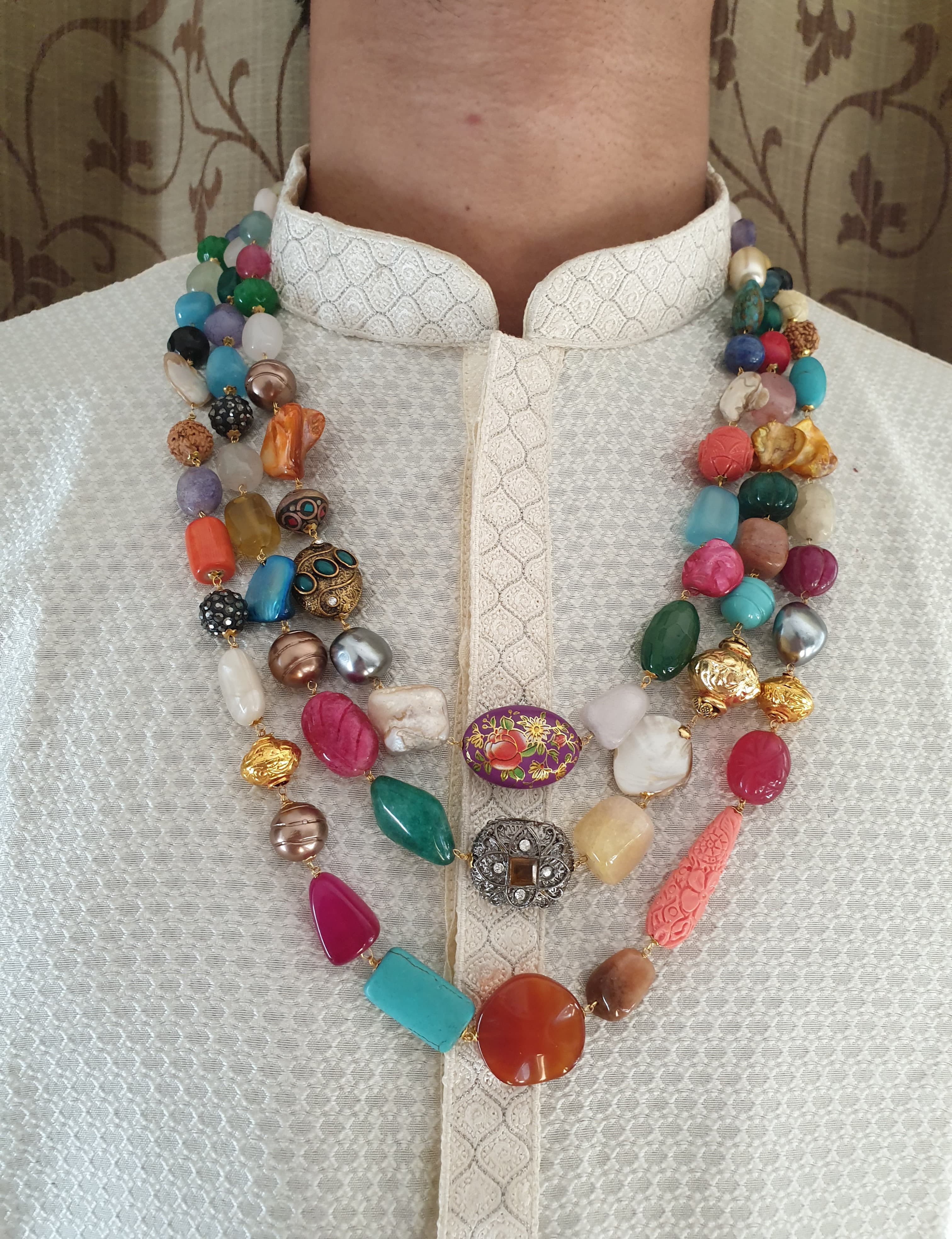 Three Layered Multi Designer Beads Groom Necklace