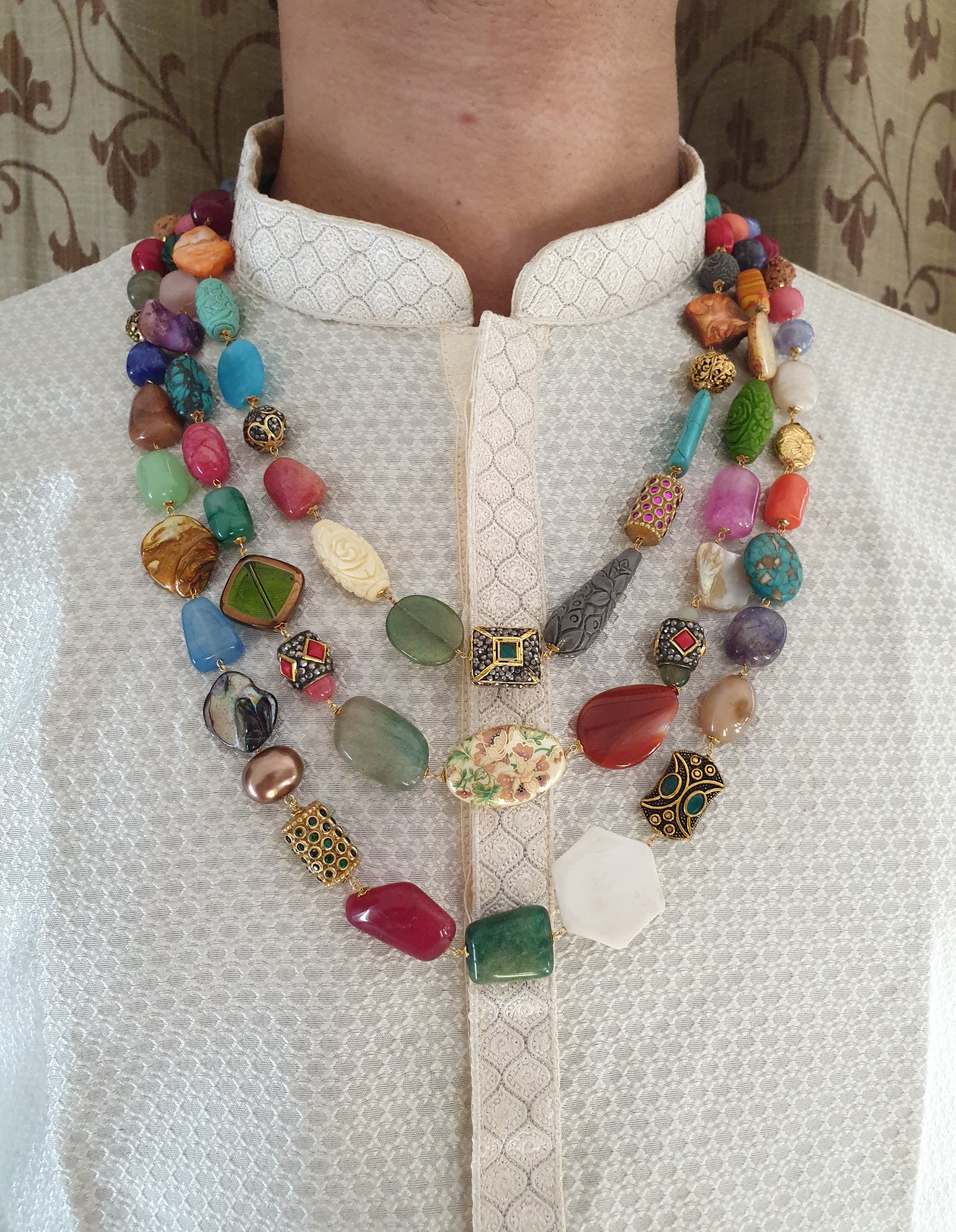 Three Layered Multi Designer Beads Necklace for Groom