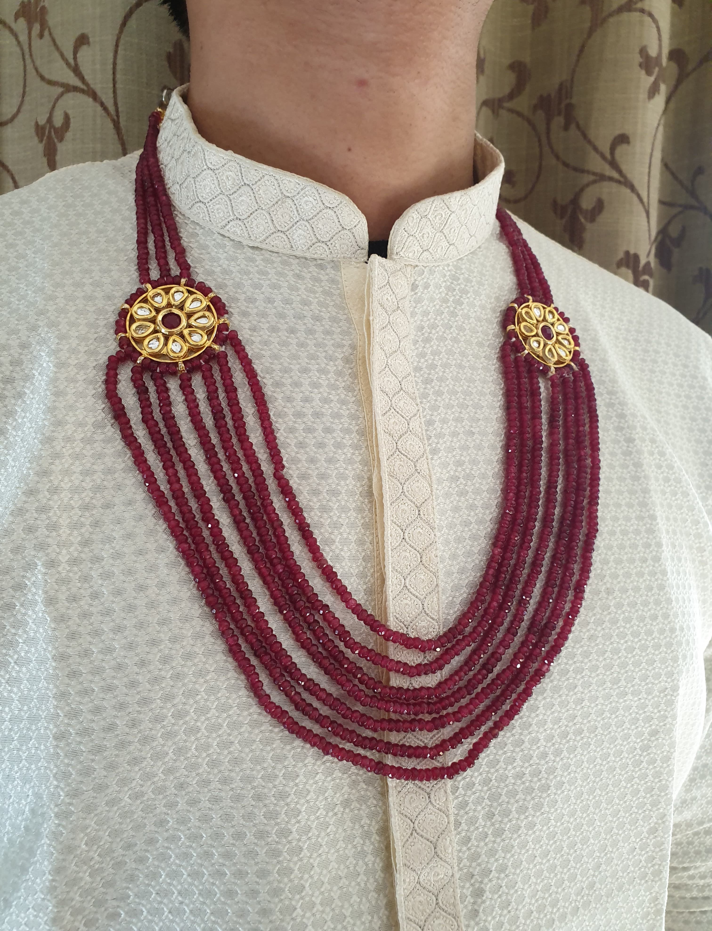 Seven Layered Ruby Red Designer Beads Kundan Groom Necklace