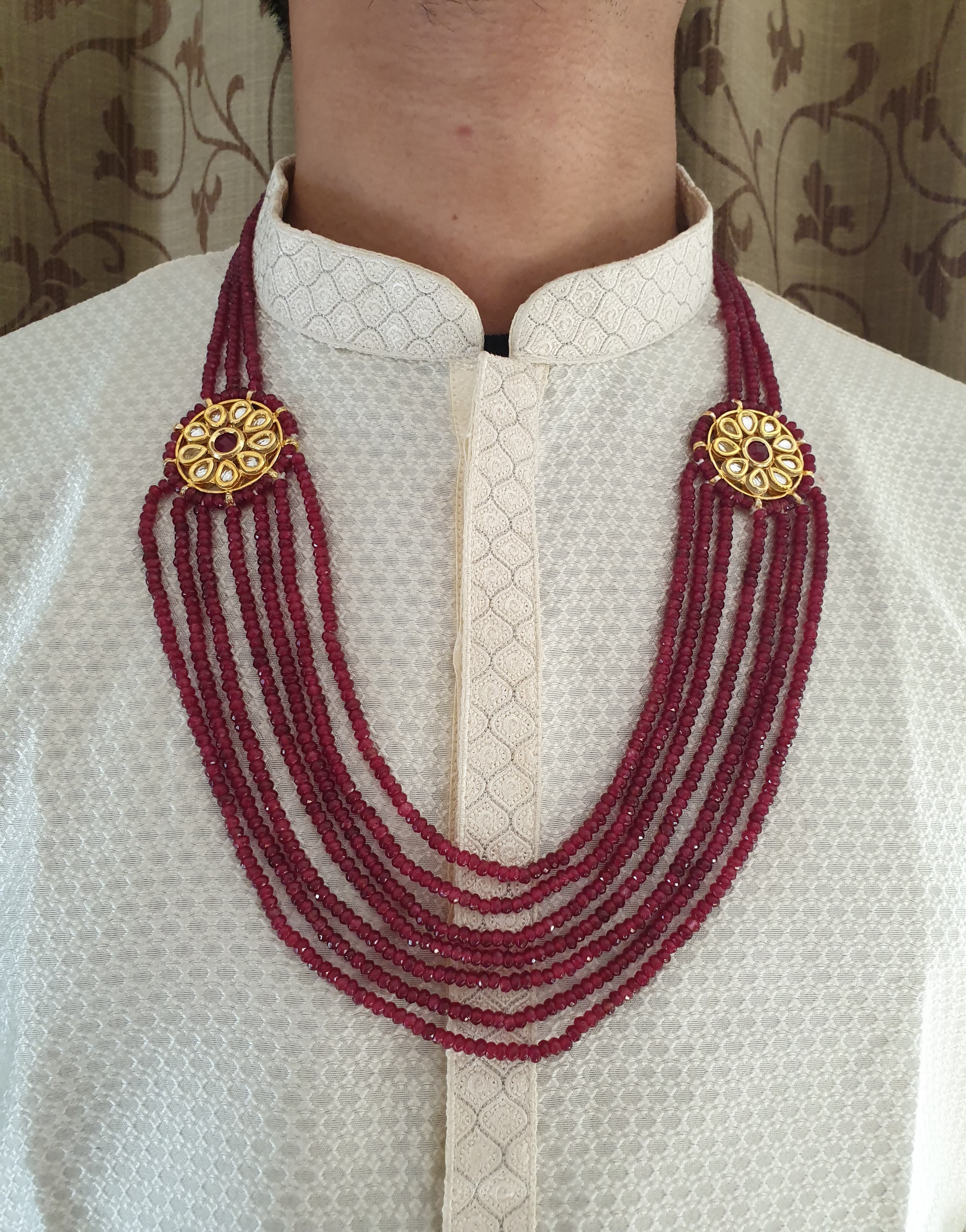 Seven Layered Ruby Red Designer Beads Kundan Groom Necklace