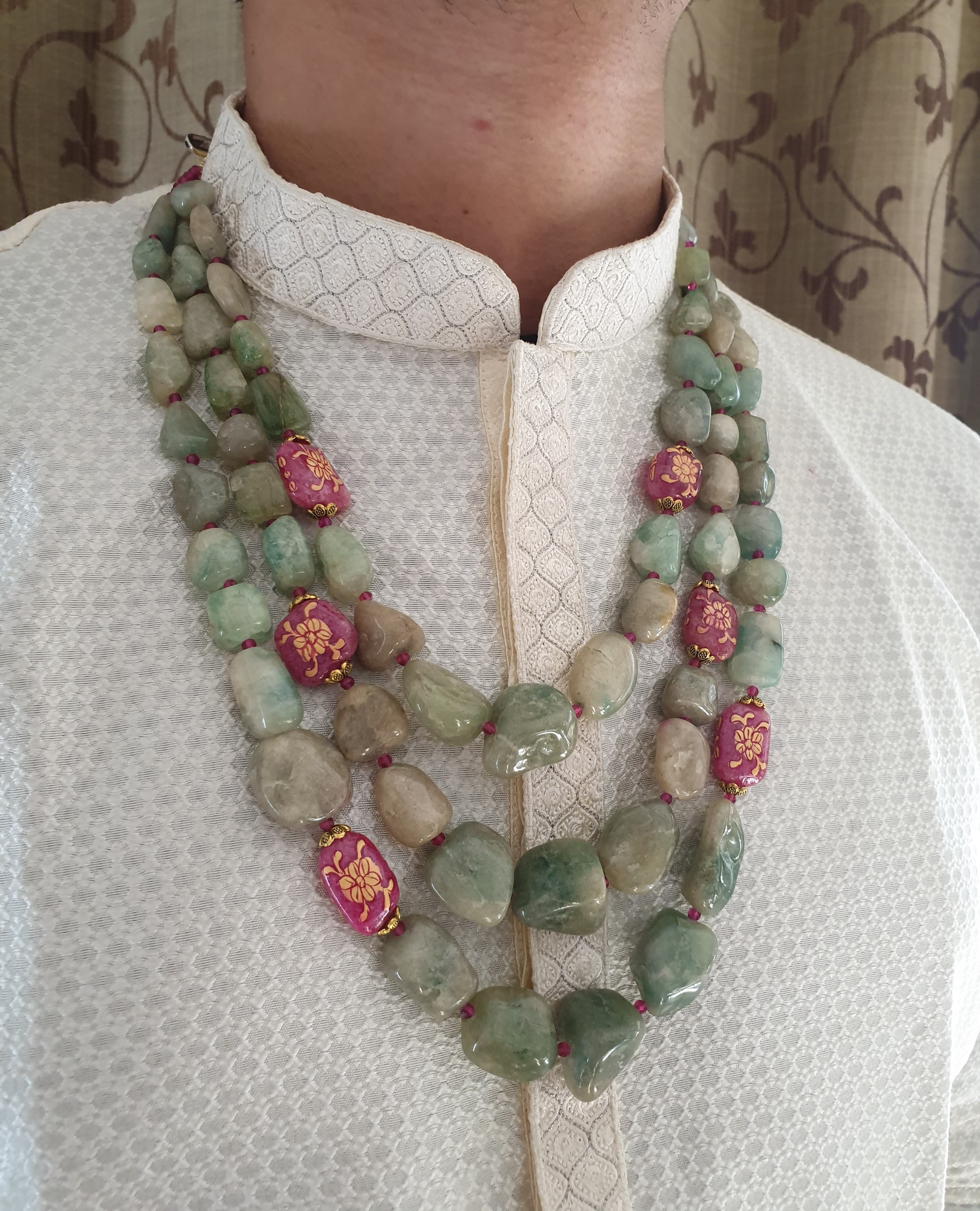 Three Layered Emerald Green Stone Handpainted Beads Groom Necklace