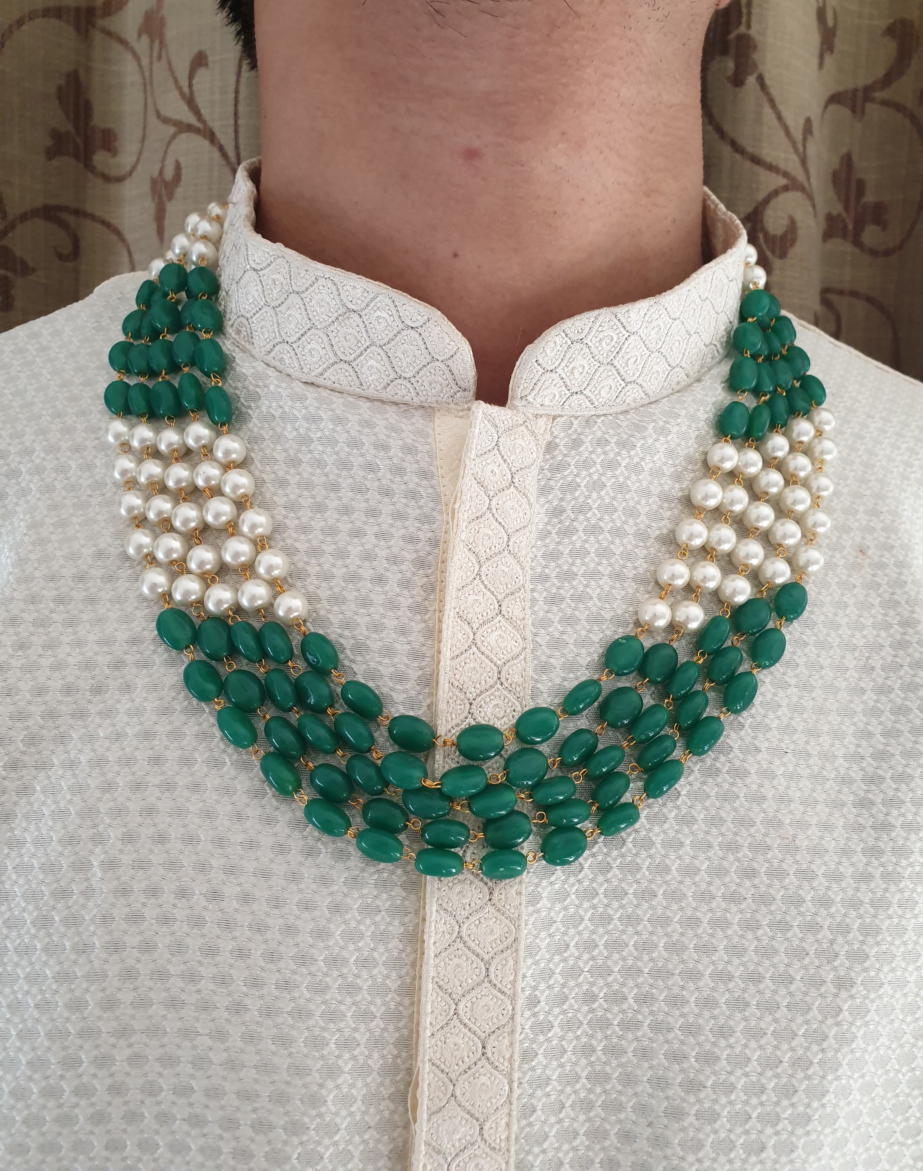 Five Layered Pearl And Emerald Green Beads Necklace for Groom