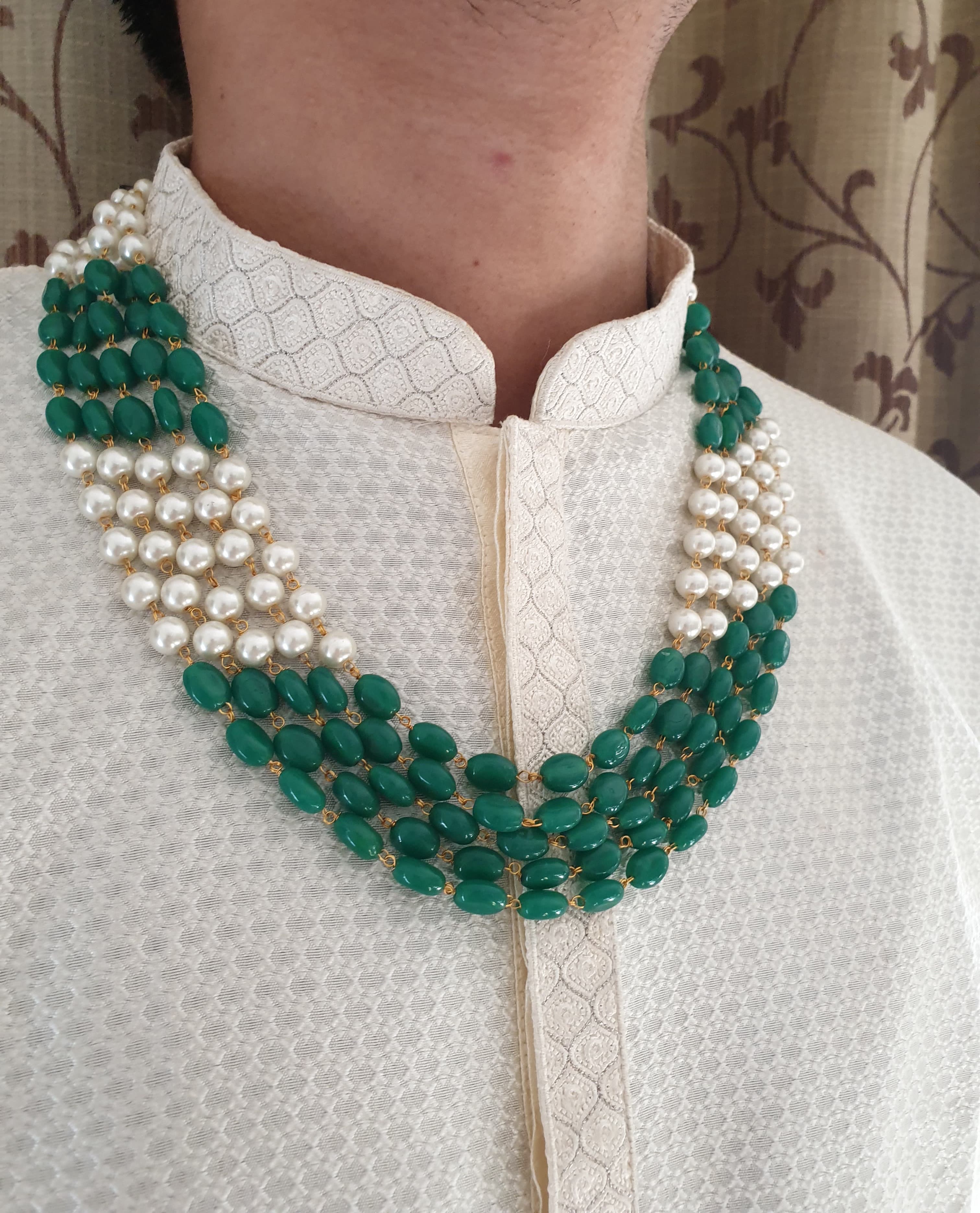 Five Layered Pearl And Emerald Green Beads Necklace for Groom