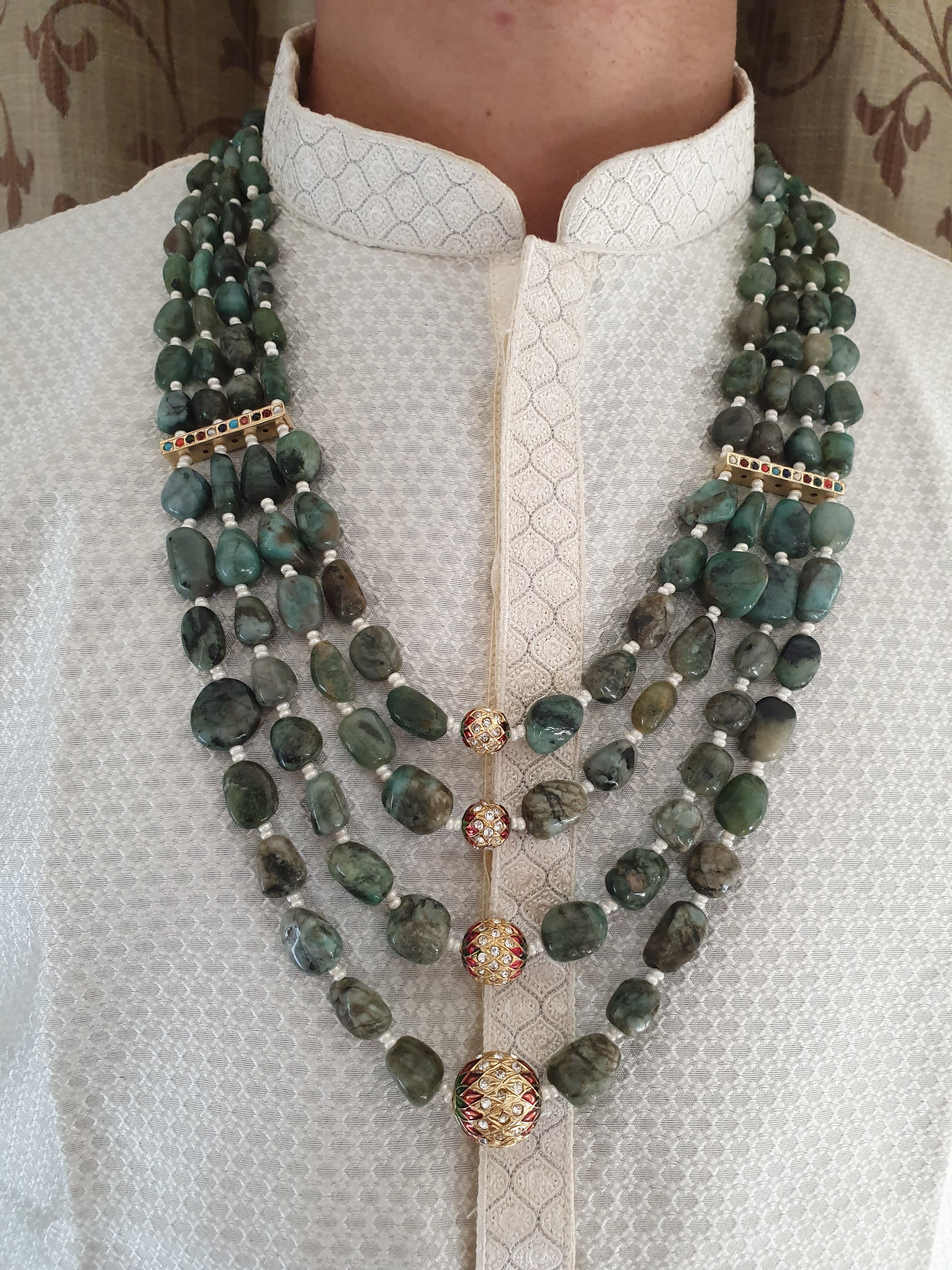 Four Layered Real Emerald Stone Jadau Beads Groom Necklace