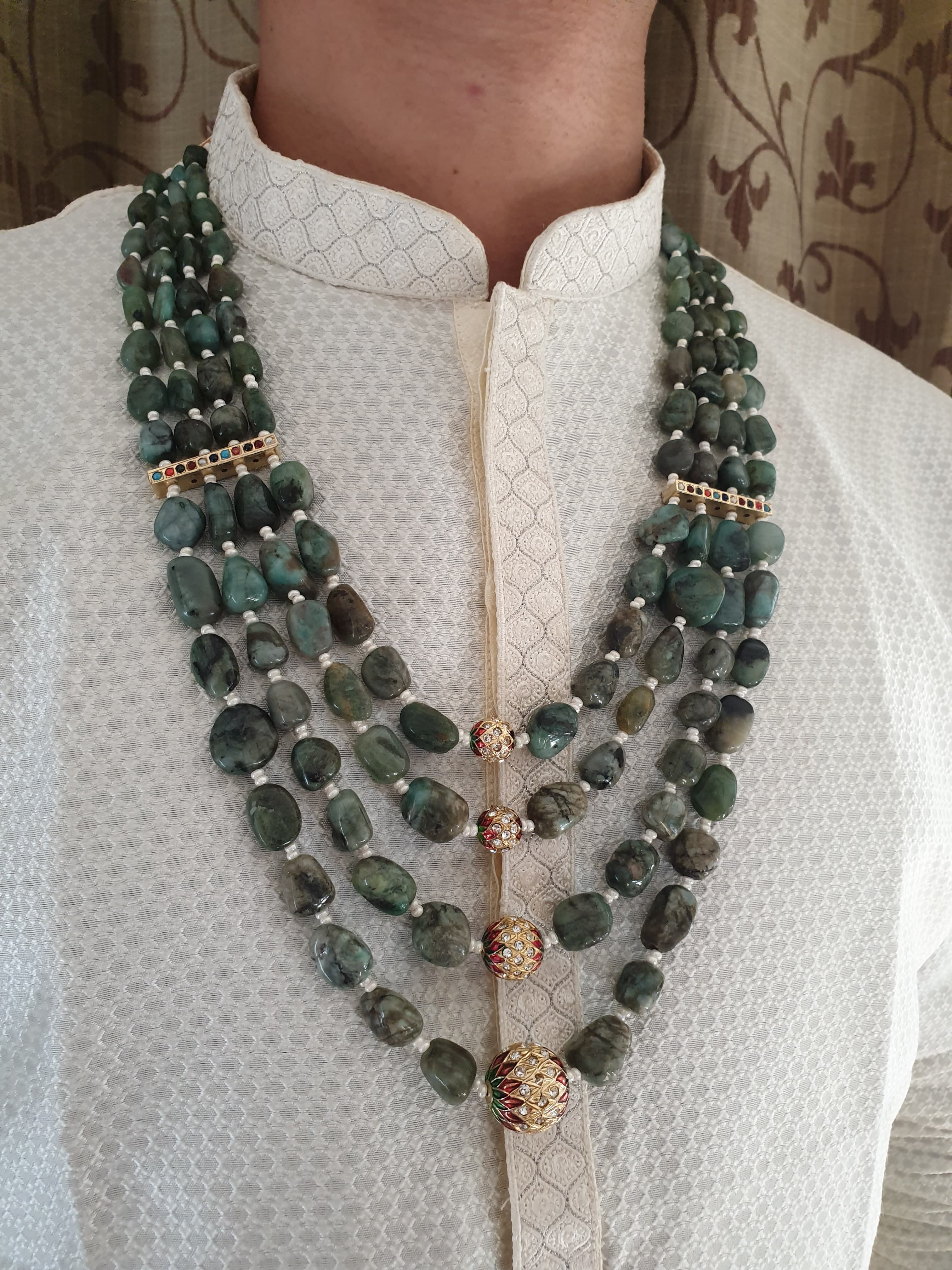 Four Layered Real Emerald Stone Jadau Beads Groom Necklace