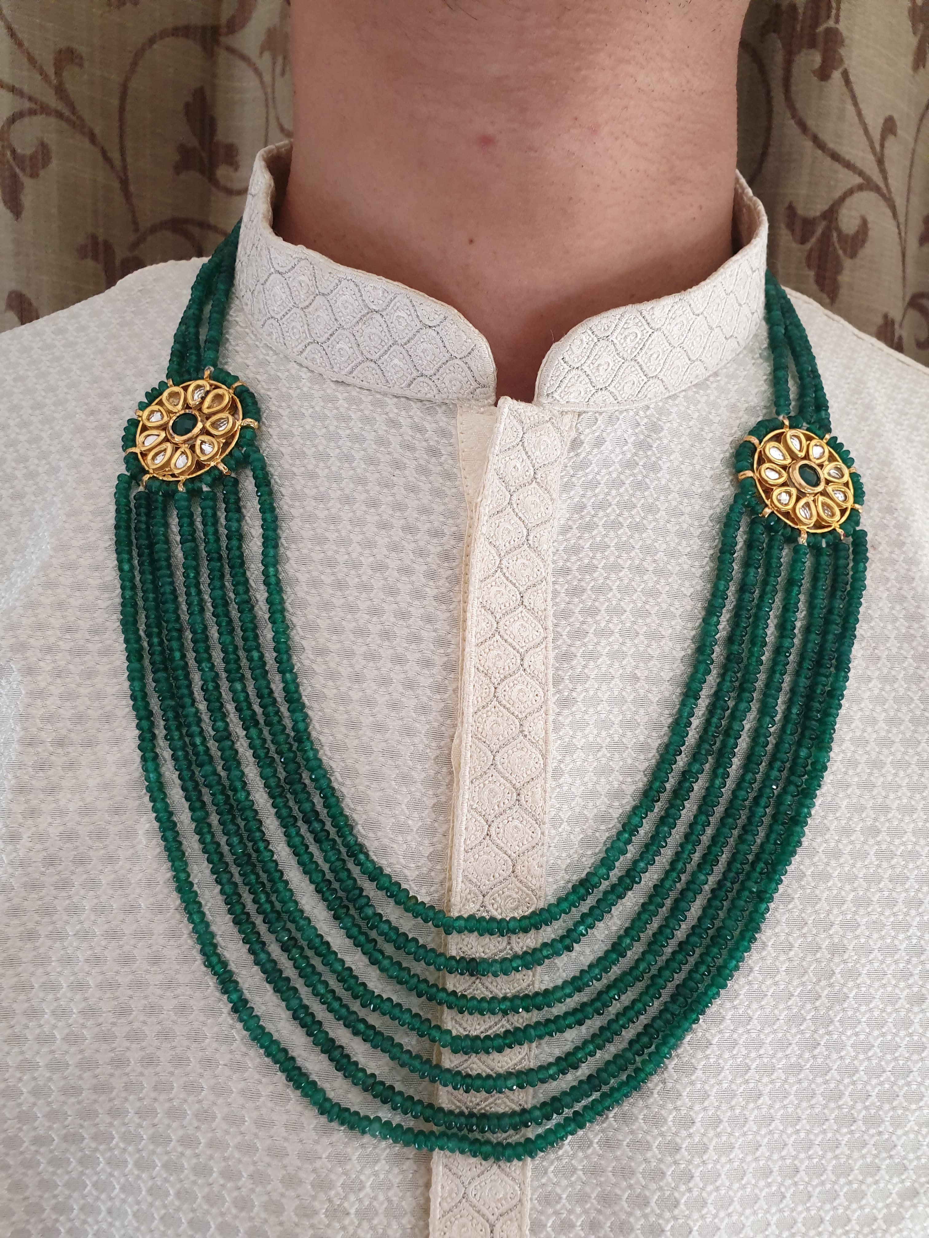 Seven Layered Emerald Green Stone Kundan Groom Necklace