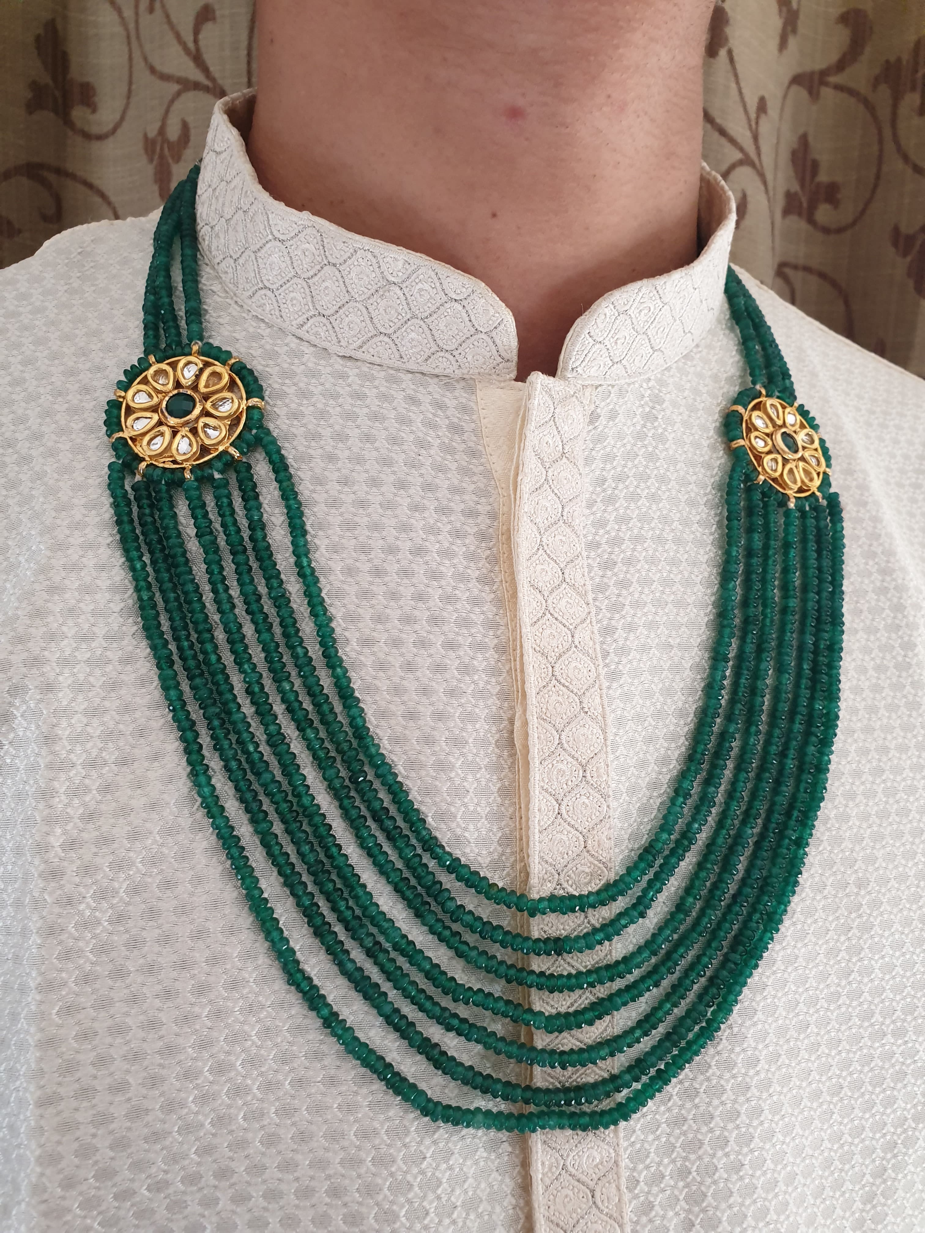 Seven Layered Emerald Green Stone Kundan Groom Necklace