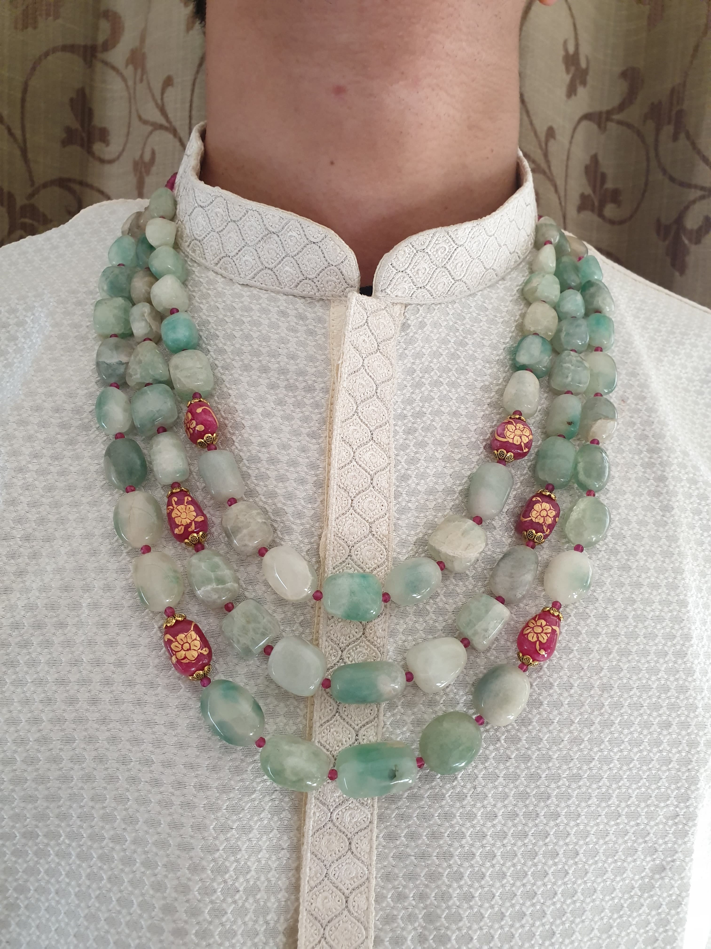 Emerald Green Stone and Pink Handpainted Beads Three Layered Groom Jewellery