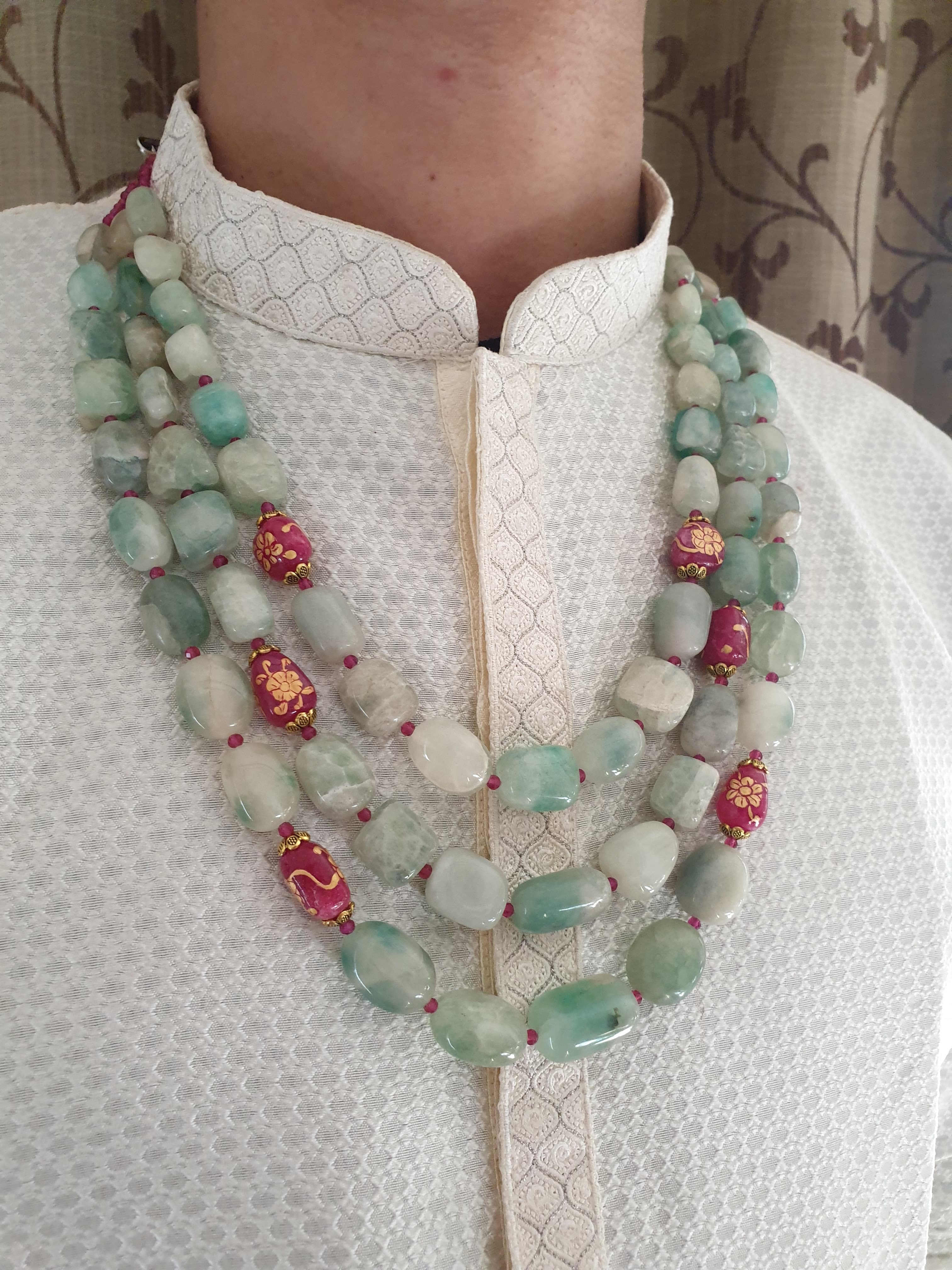 Emerald Green Stone and Pink Handpainted Beads Three Layered Groom Jewellery