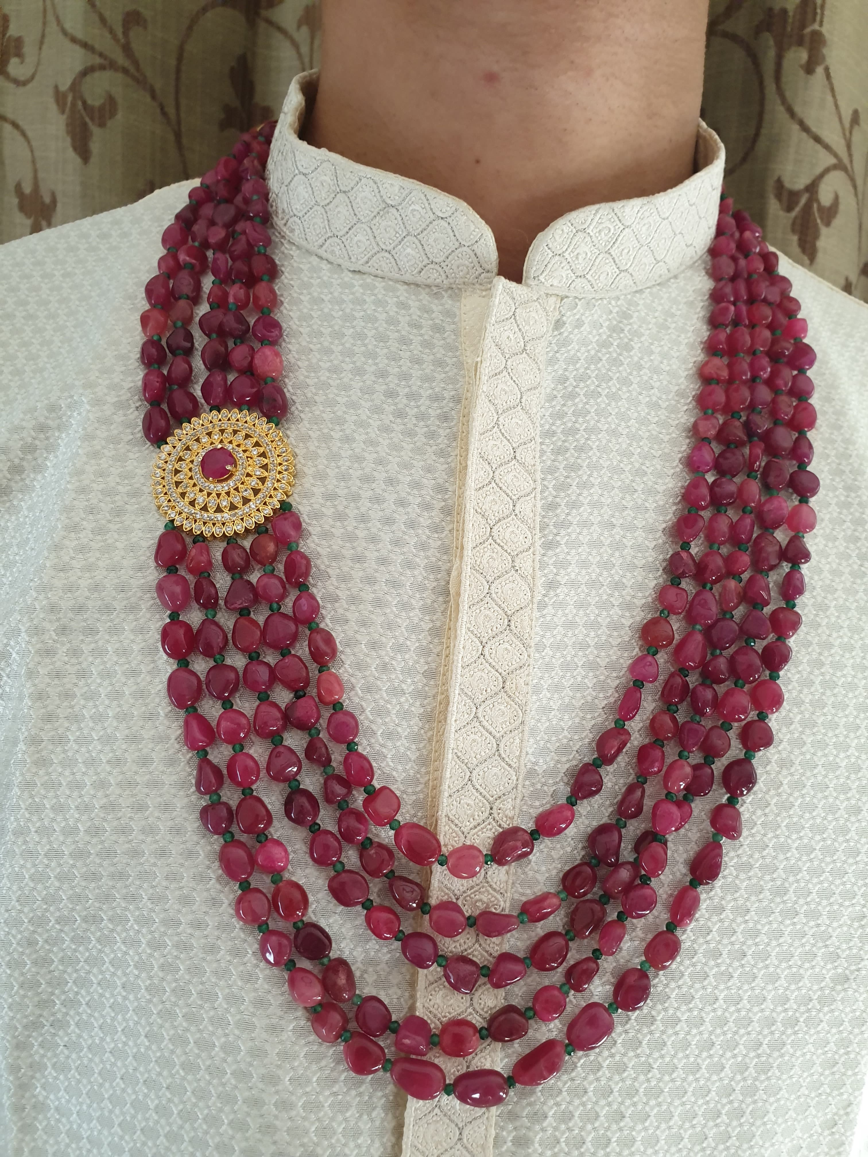 Five Layered Ruby Red Beads AD Stone Groom Necklace