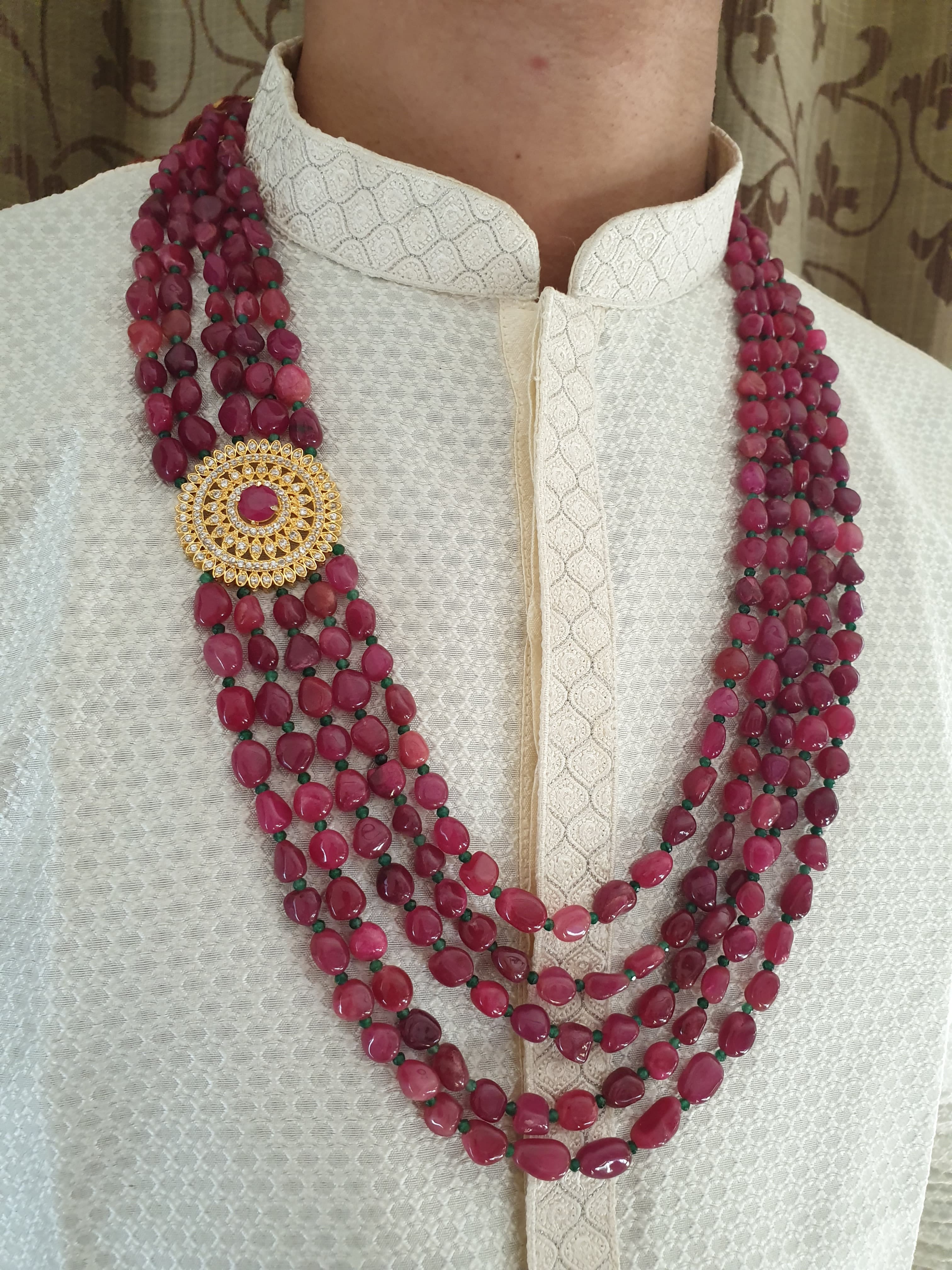 Five Layered Ruby Red Beads AD Stone Groom Necklace