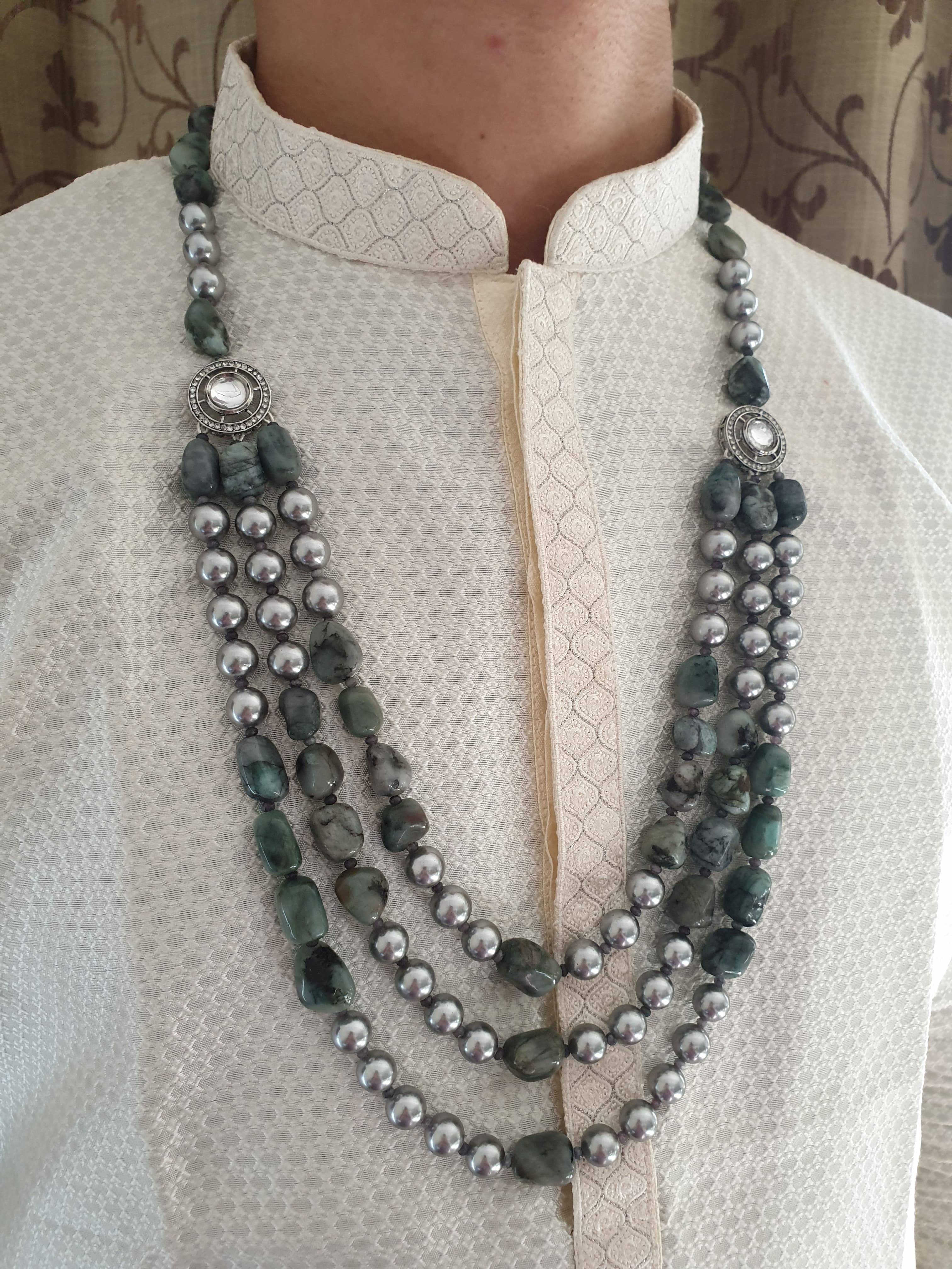 Three Layered Real Emerald Stone and Grey Pearl Groom Necklace