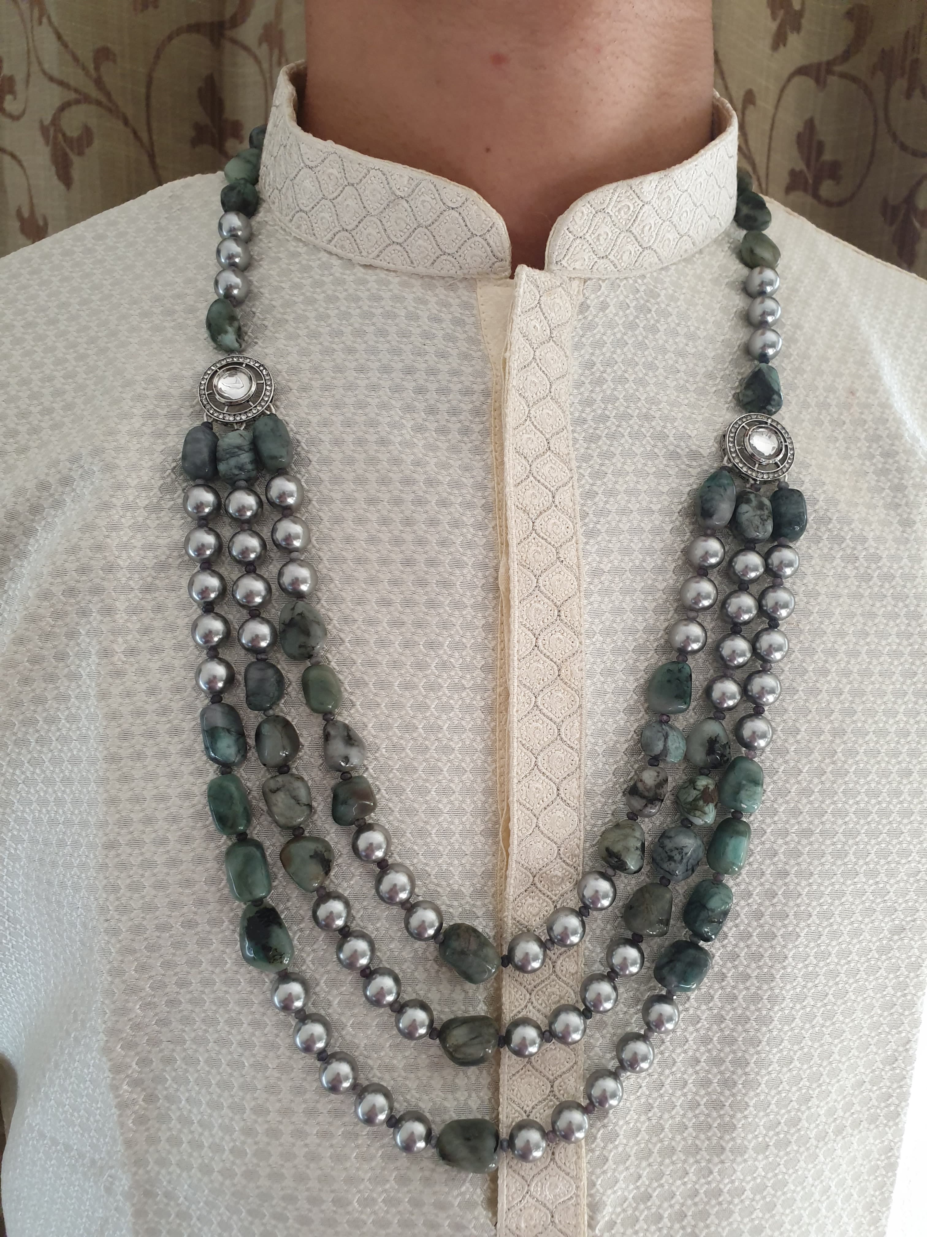 Emerald Stone With Grey Pearl Three Layered Groom Necklace for Sherwani