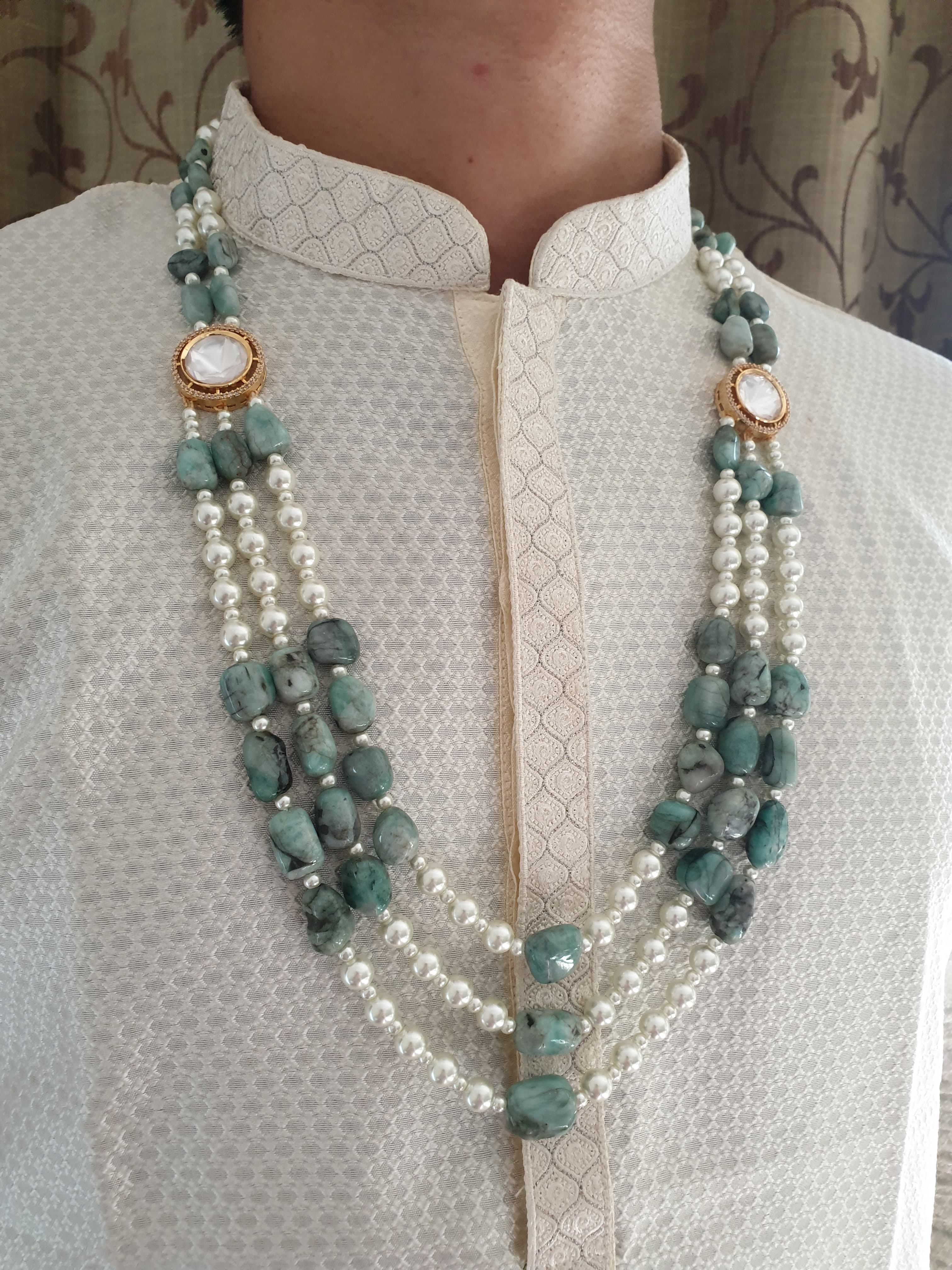 Three Layered Real Emerald Stone and Pearl Groom Necklace