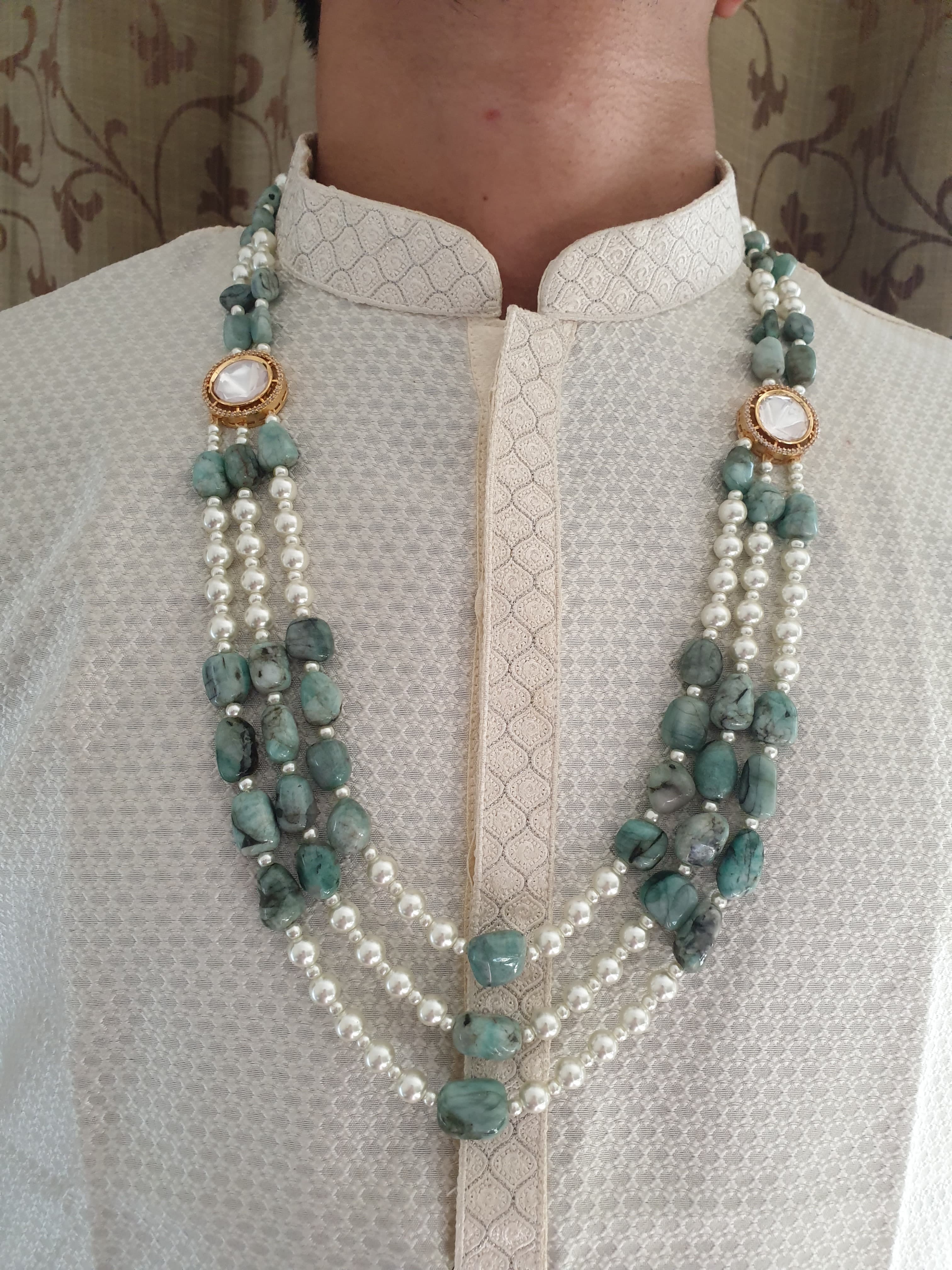 Three Layered Real Emerald Stone and Pearl Groom Necklace